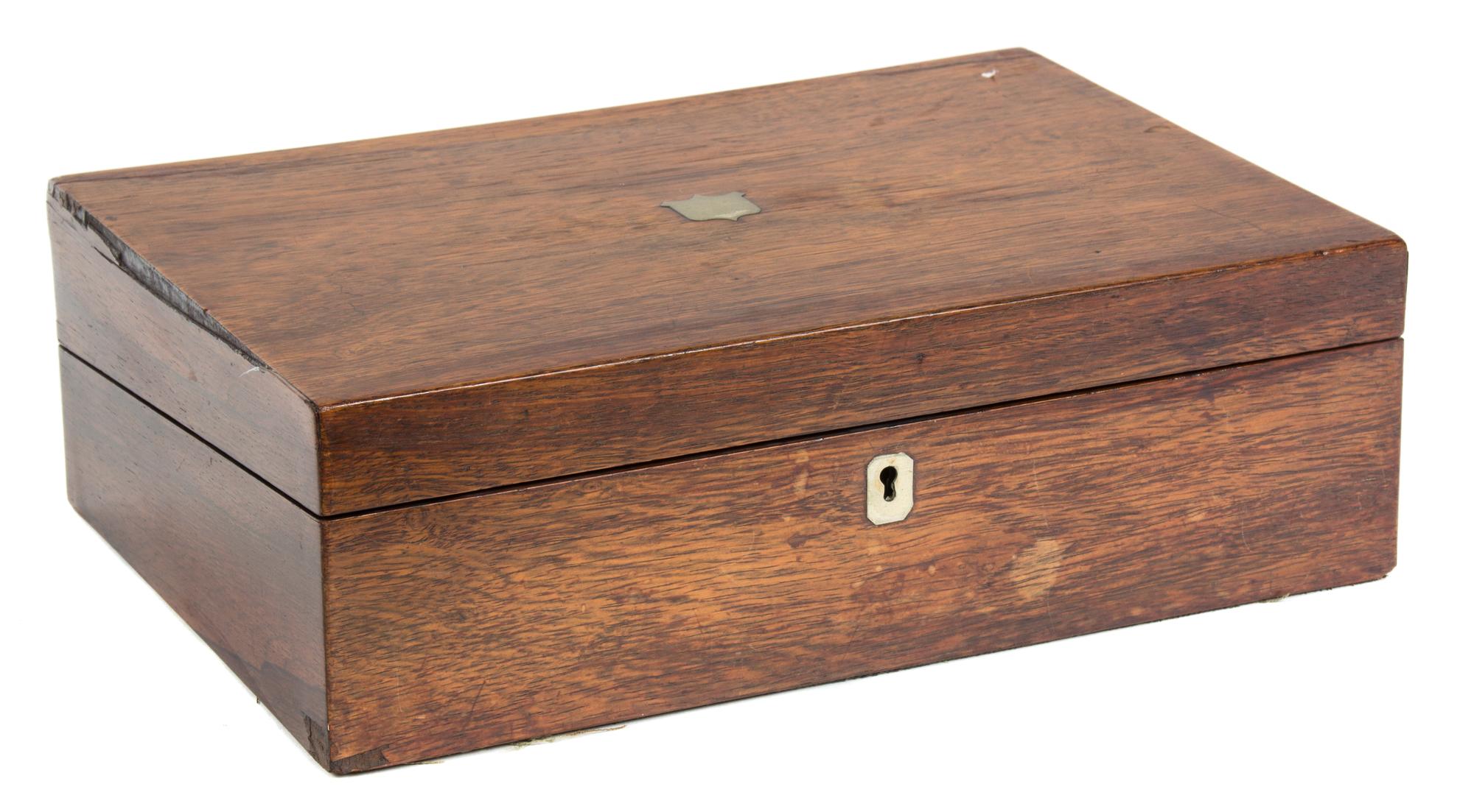 An English Mahogany Writing Box Height 4 1/2 x width 14 x depth 9 3/4 inches.