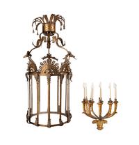 A Large Gilt Tôle, Glass and Giltwood Hall Lantern from the Embassy of Italy, Washington, D.C.