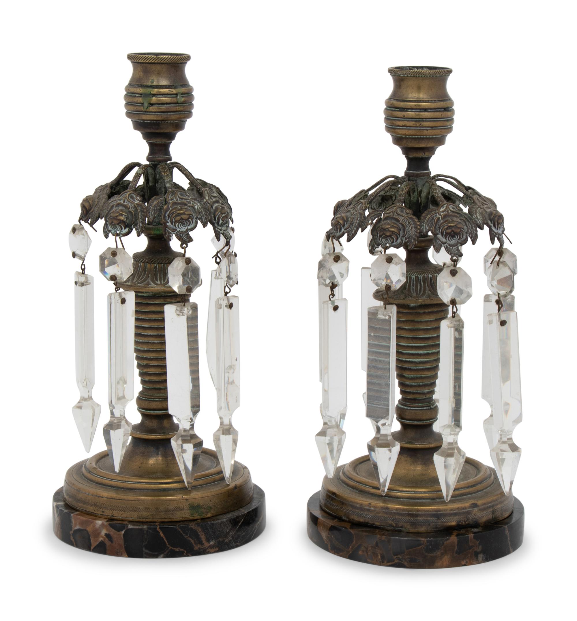 A Pair of Regency Style Gilt Metal and Glass Candlesticks