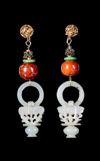 A Pair of Chinese Jade and Cinnabar Beads Earrings