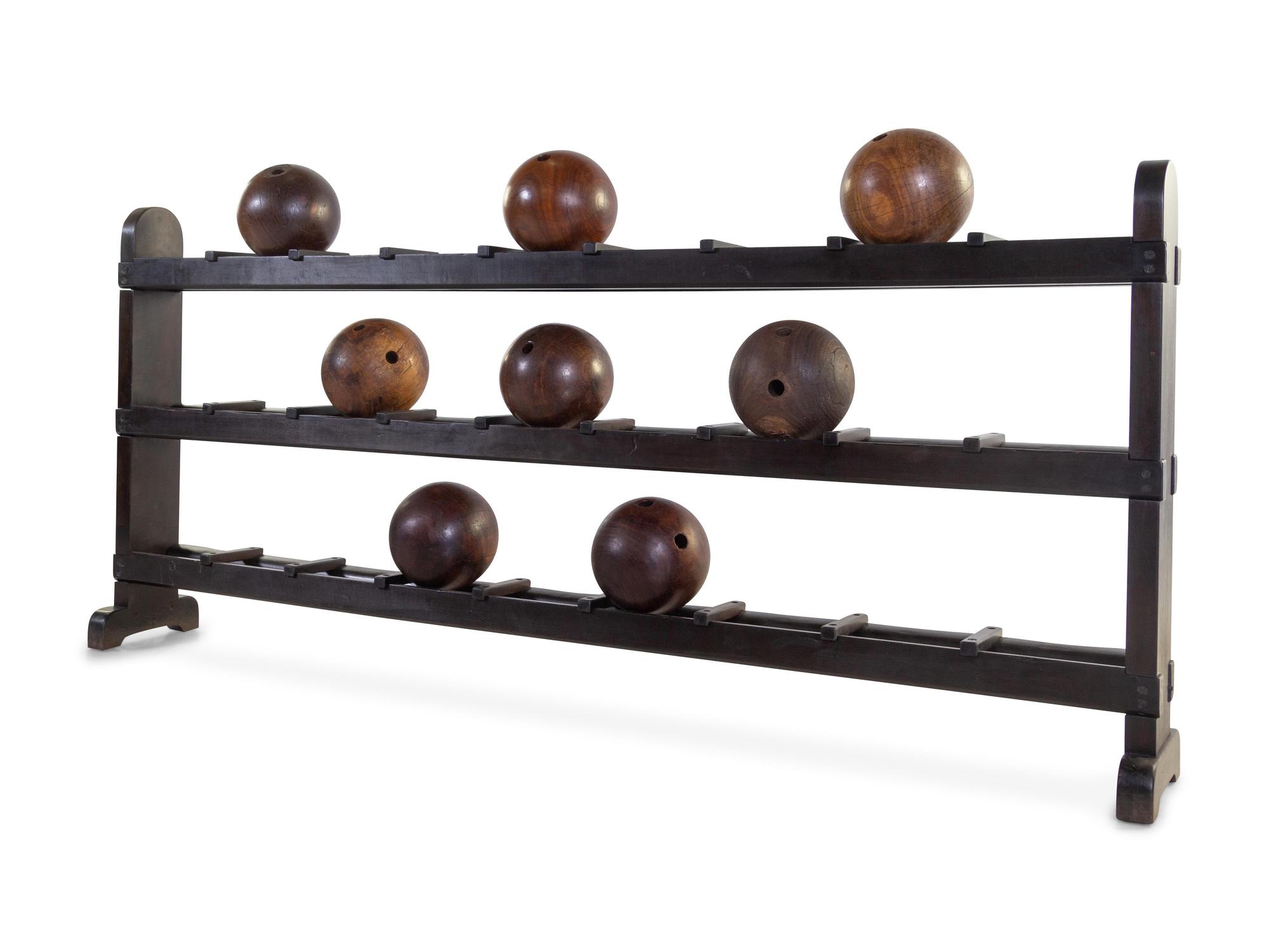 An American Painted Wood Bowling Ball Rack and Balls