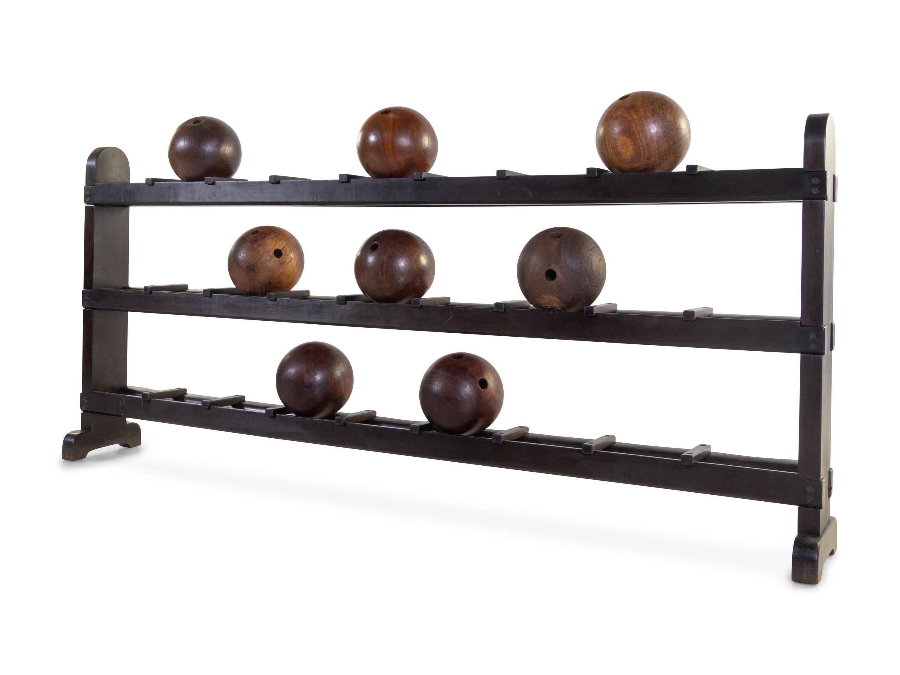 An American Painted Wood Bowling Ball Rack and Balls