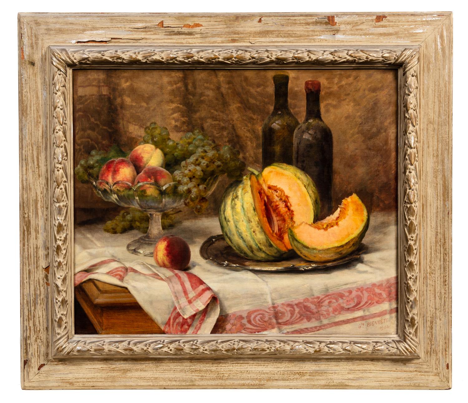 Gustave Bienvetu, (French, 1877-1914), Still Life with Melon, Fruit and Bottles, 1904