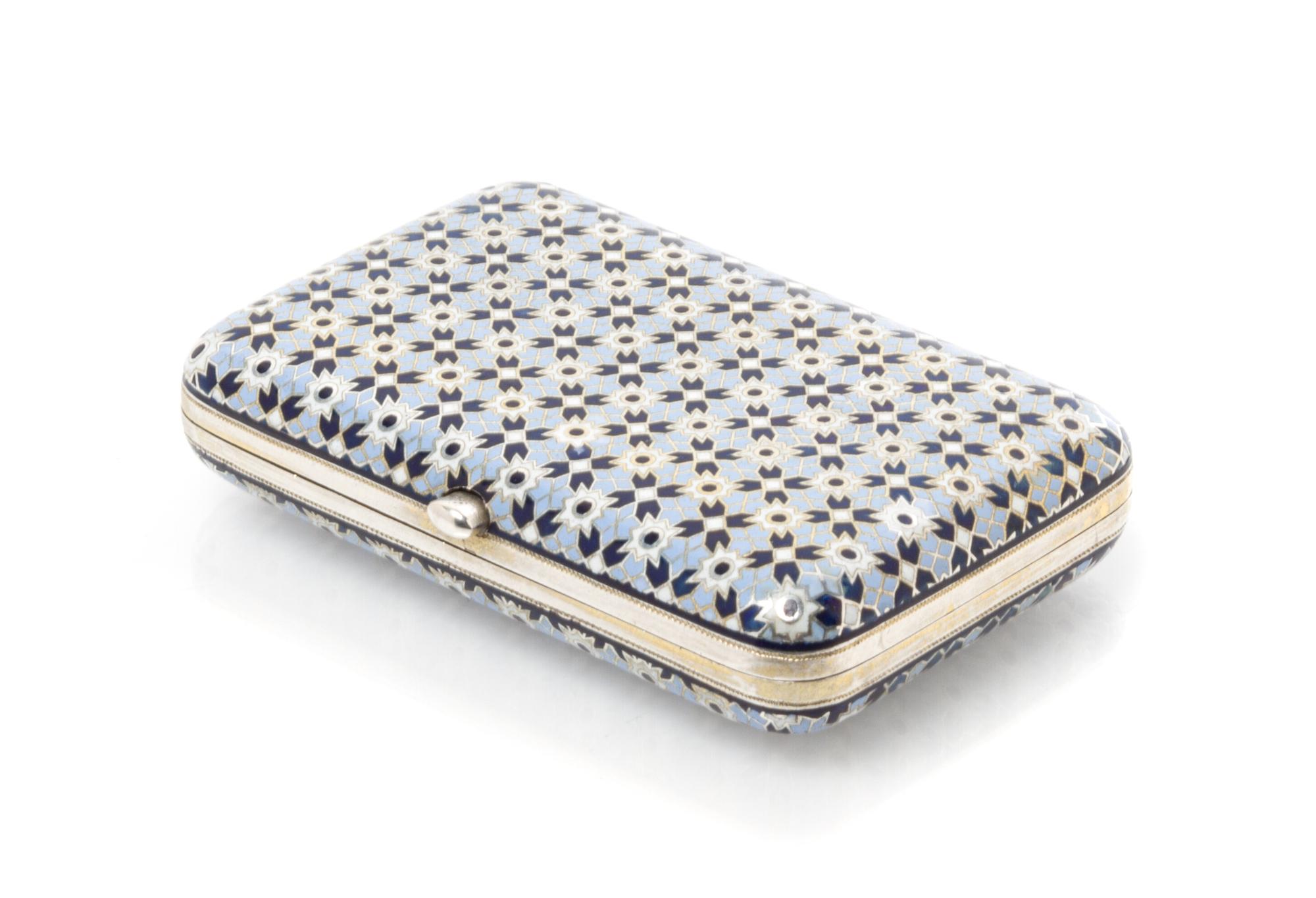 A Russian Silver and Cloisonne Enamel Cigarette Case, Mark of Ivan Saltykov, assay mark of Lev Oleks, Moscow, 1889, the case enameled w
