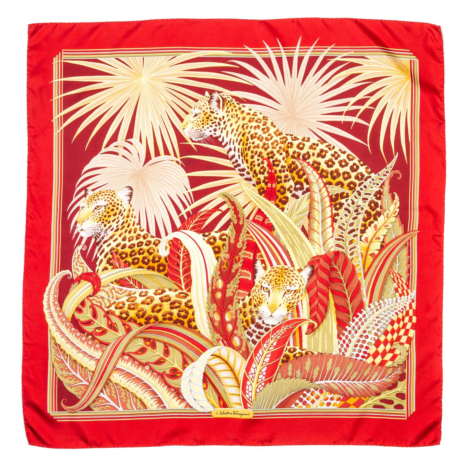 A Ferragamo 90cm Red Silk Leopard Print Scarf, 36" x 36".