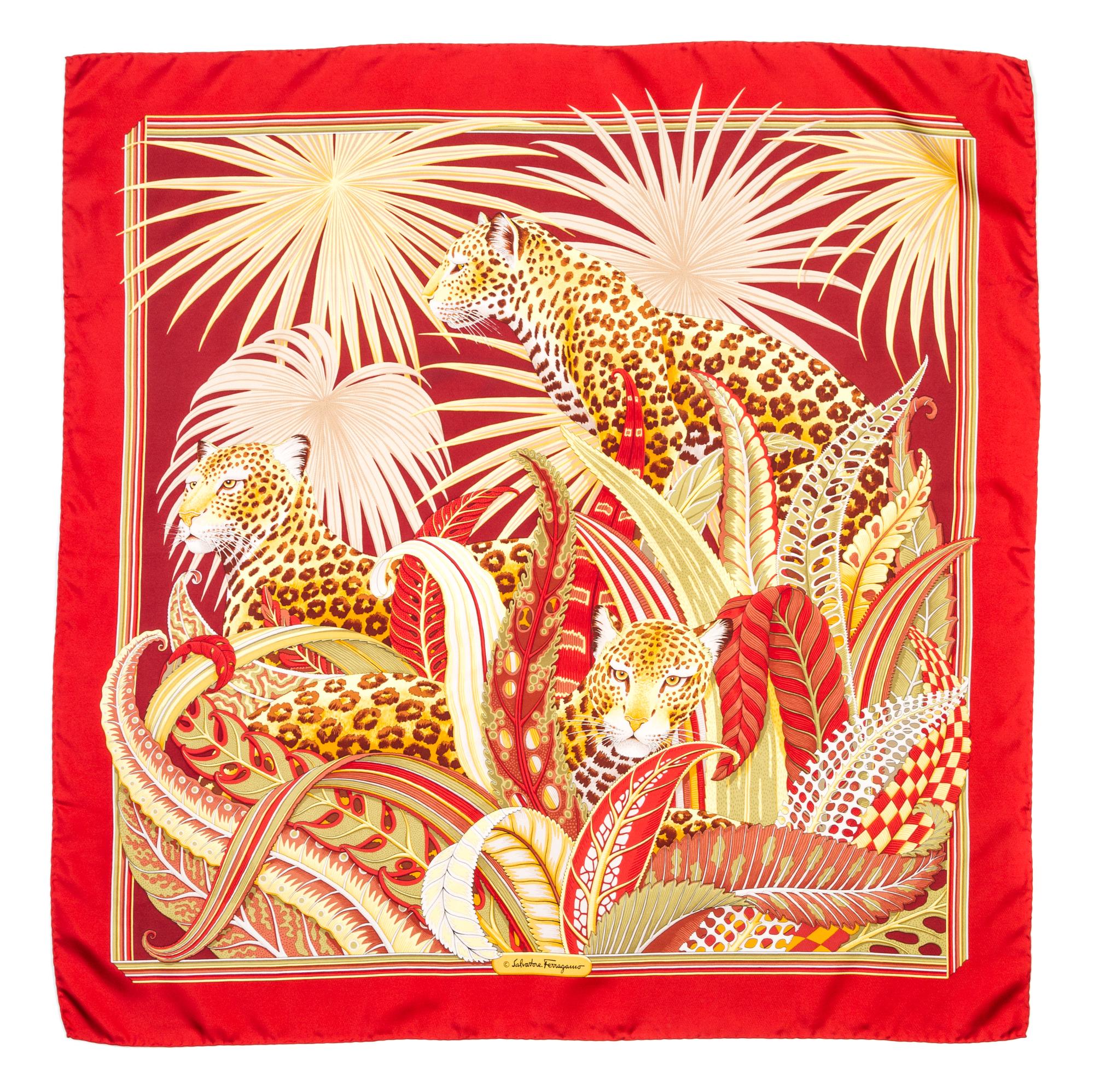 A Ferragamo 90cm Red Silk Leopard Print Scarf, 36" x 36".
