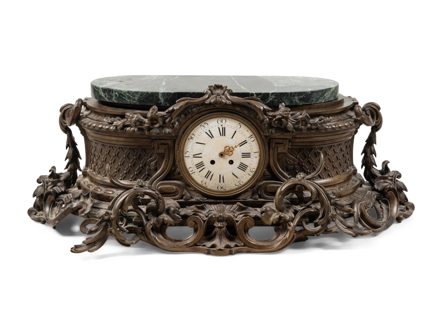 A Large Tiffany and Co. Bronze and Marble Mantel Clock