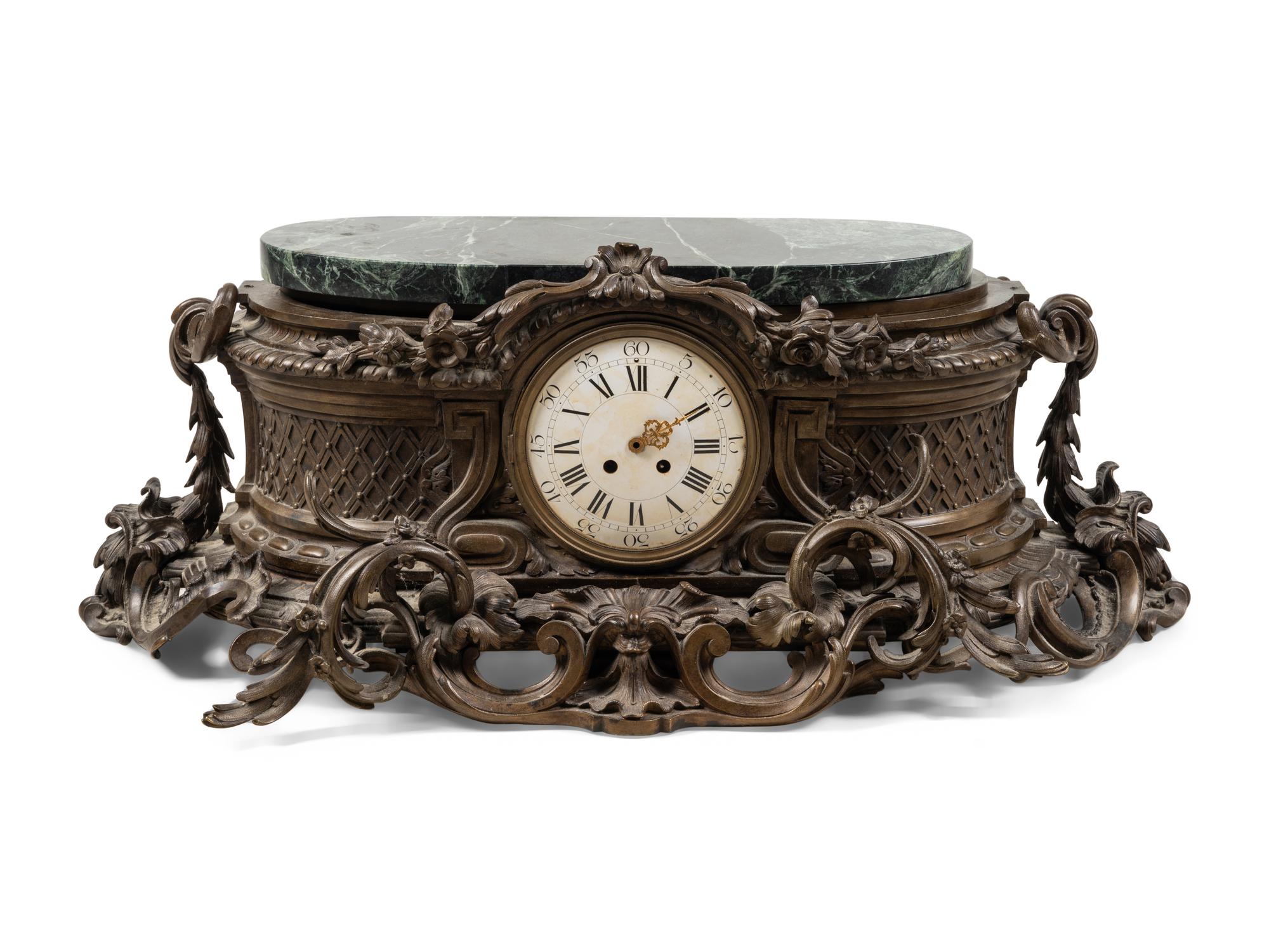 A Large Tiffany and Co. Bronze and Marble Mantel Clock