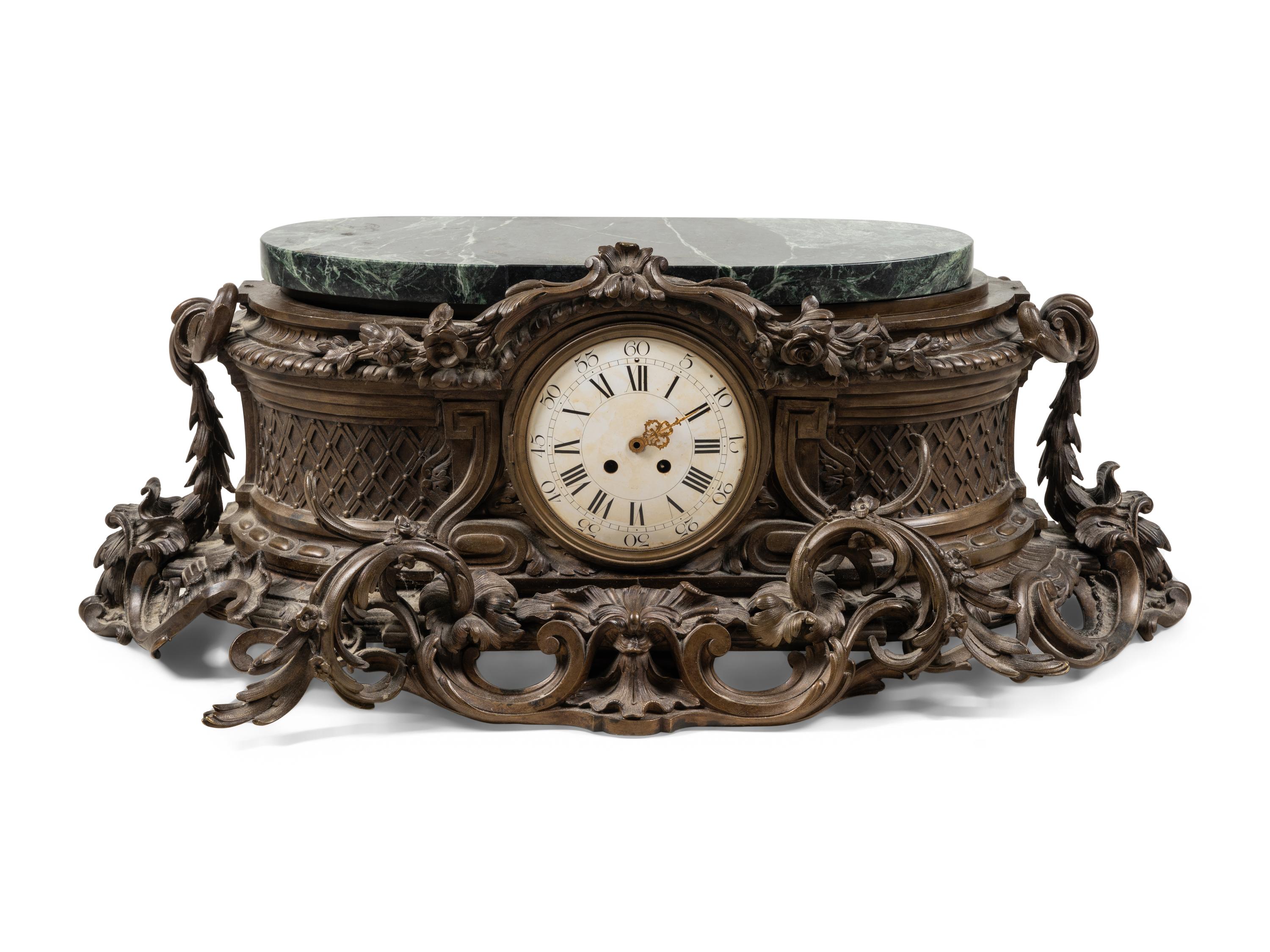 A Large Tiffany and Co. Bronze and Marble Mantel Clock