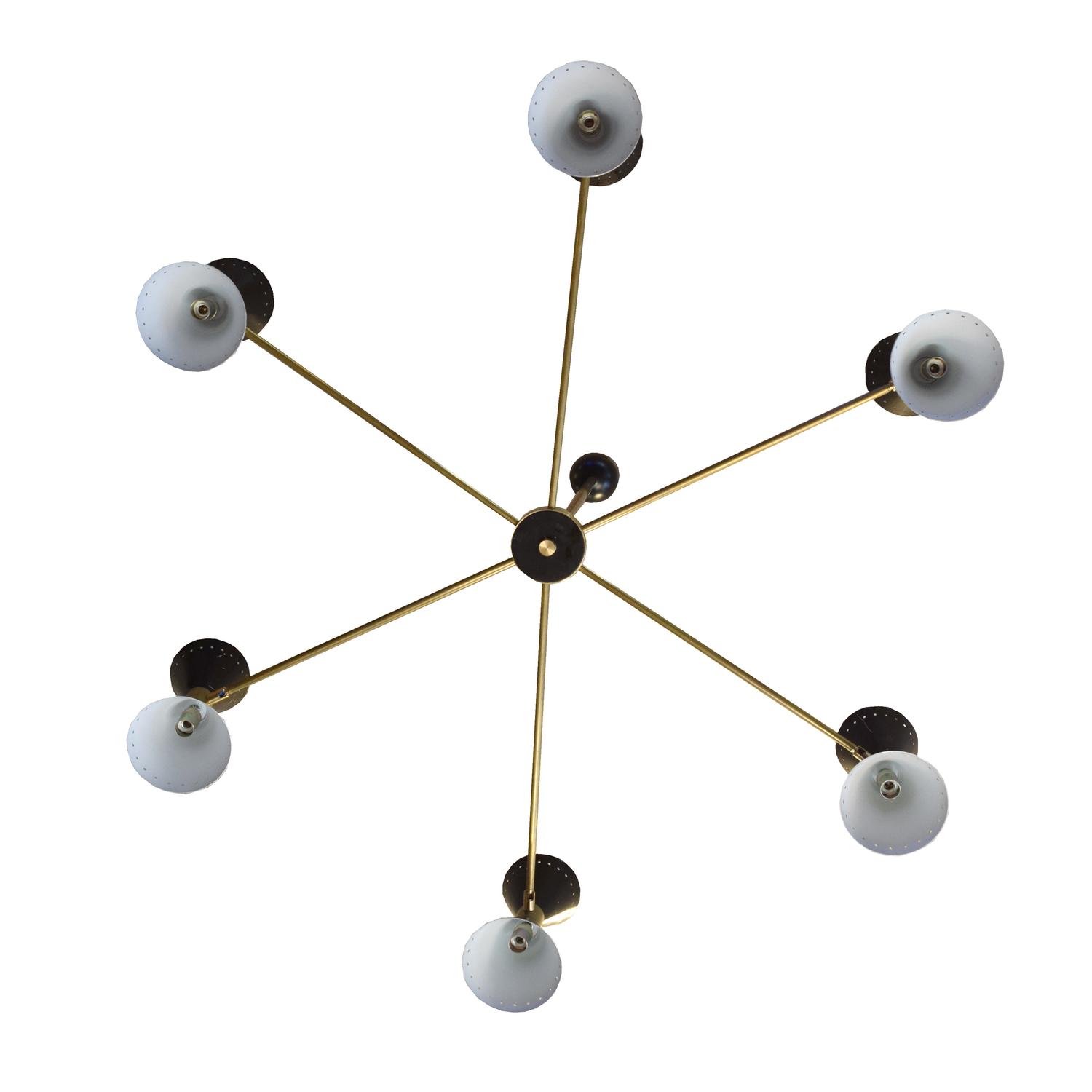 A Brass and Enamel Six-Arm Chandelier in the Style of Stilnovo 48" W x 48" D x 39.5" H — Italy, 20th Century