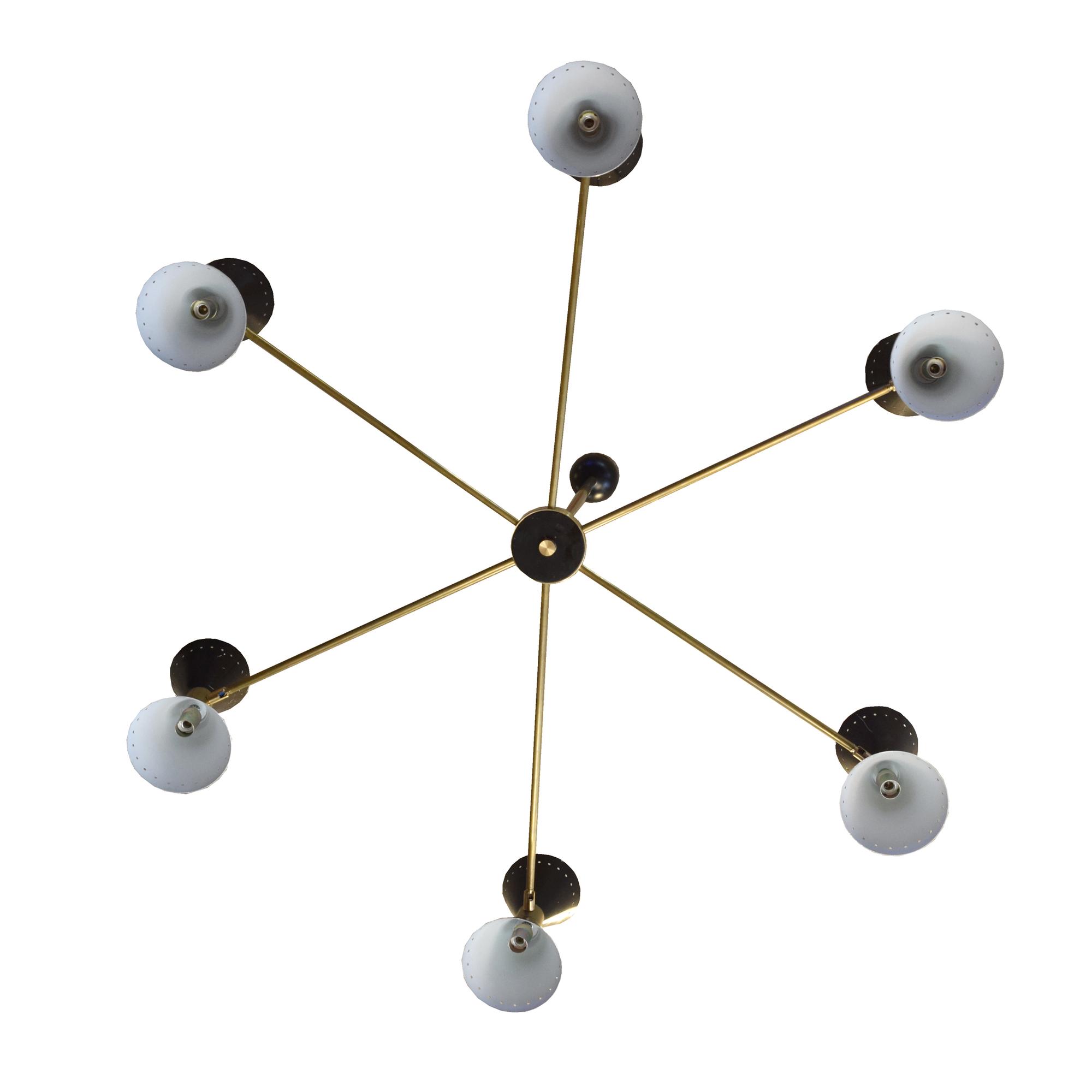 A Brass and Enamel Six-Arm Chandelier in the Style of Stilnovo 48" W x 48" D x 39.5" H — Italy, 20th Century