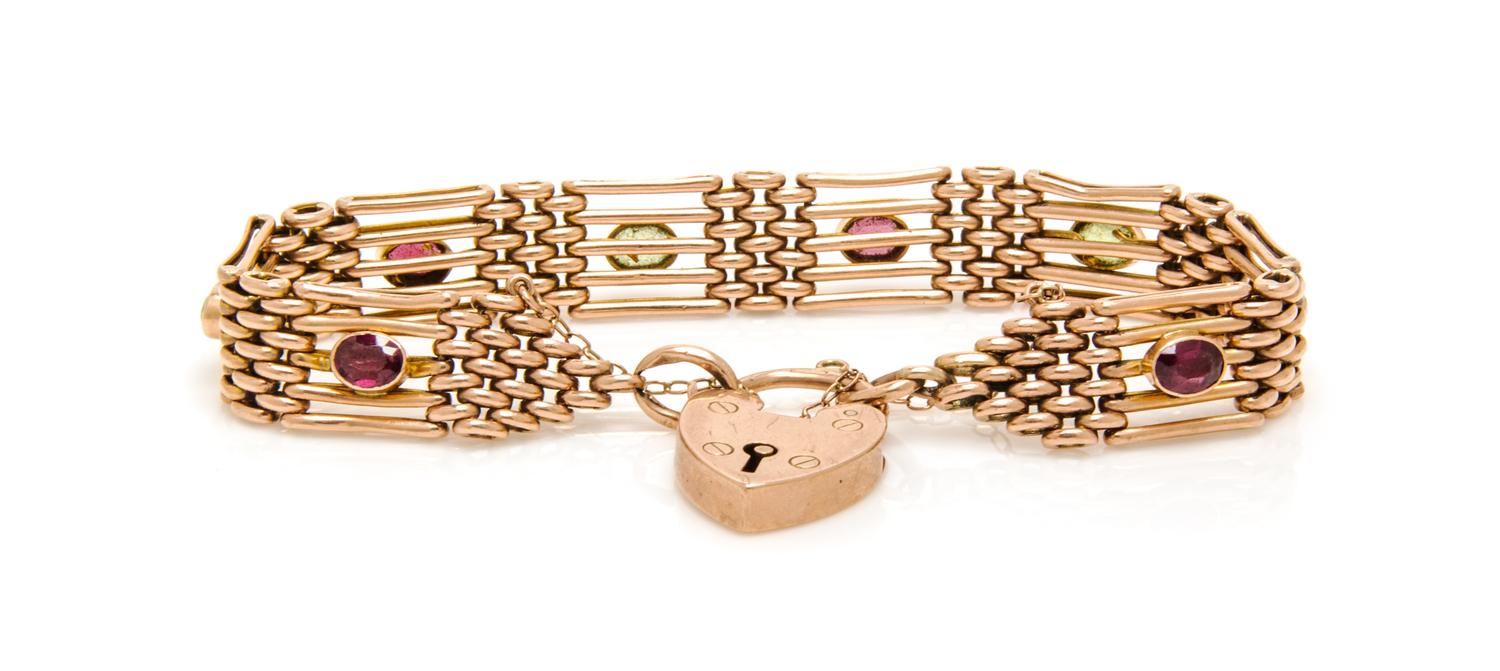 A 9 Karat Rose Gold, Peridot and Amethyst Bracelet, 11.40 dwts.