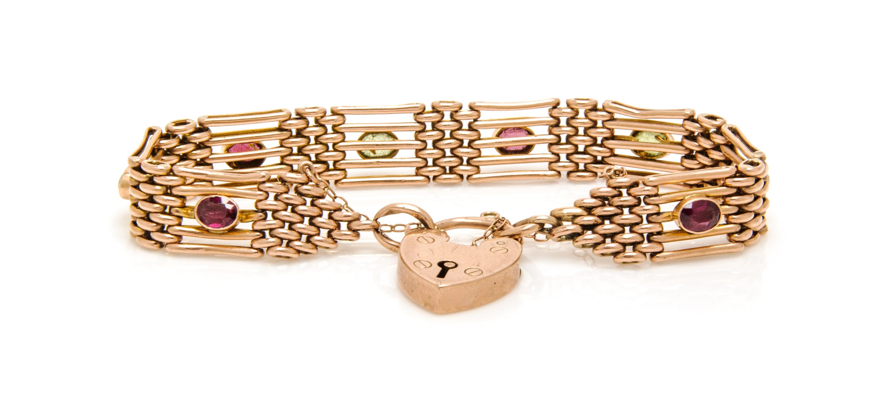 A 9 Karat Rose Gold, Peridot and Amethyst Bracelet, 11.40 dwts.
