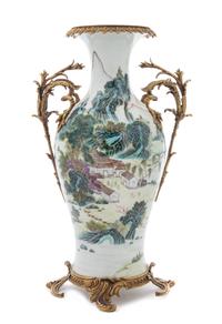 A Polychrome Enameled Gilt Metal Mounted Porcelain Vase LIKELY EARLY 20TH CENTURY Height 20 1/4 inches. — LIKELY EARLY 20TH CENTURY