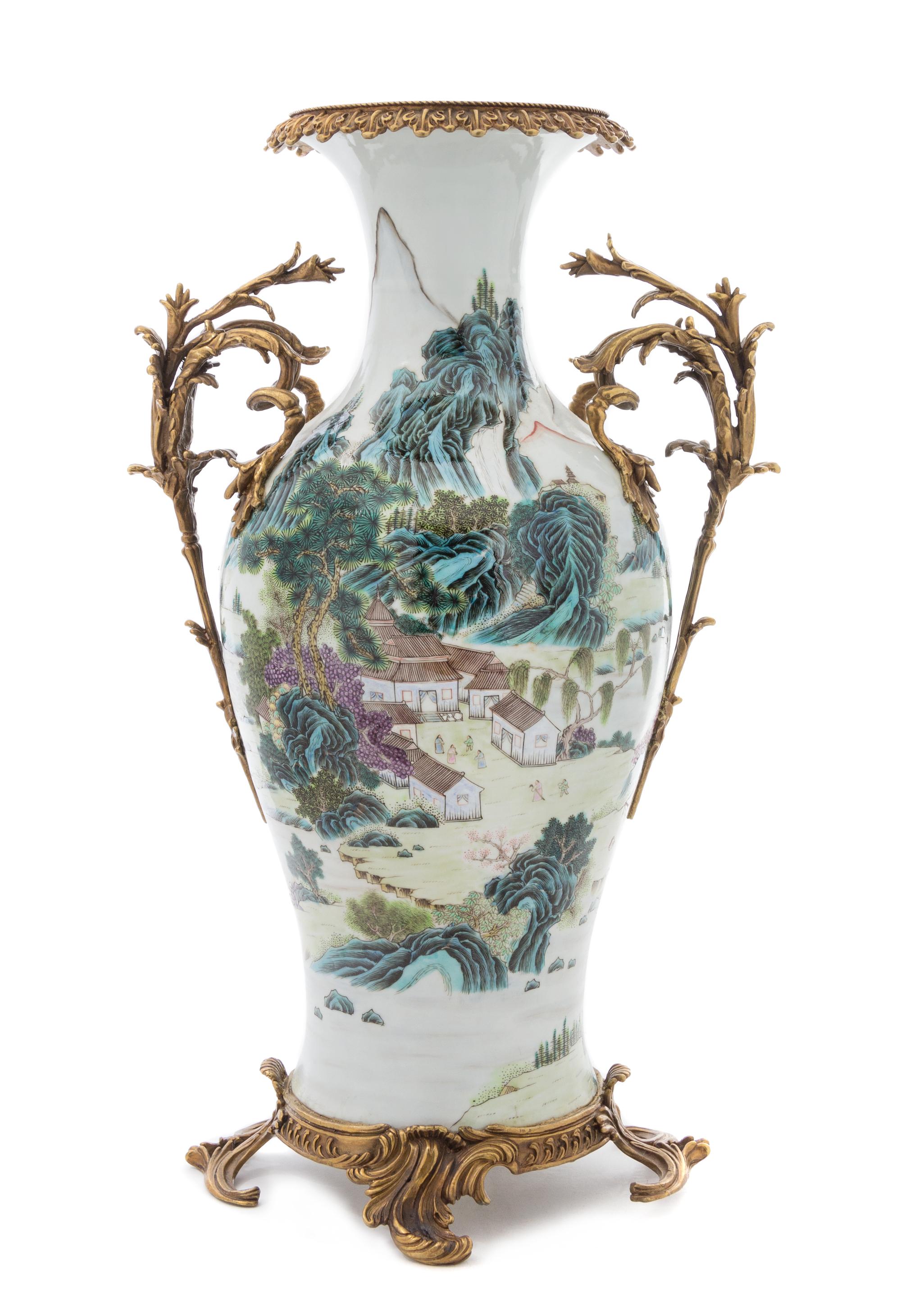 A Polychrome Enameled Gilt Metal Mounted Porcelain Vase LIKELY EARLY 20TH CENTURY Height 20 1/4 inches. — LIKELY EARLY 20TH CENTURY