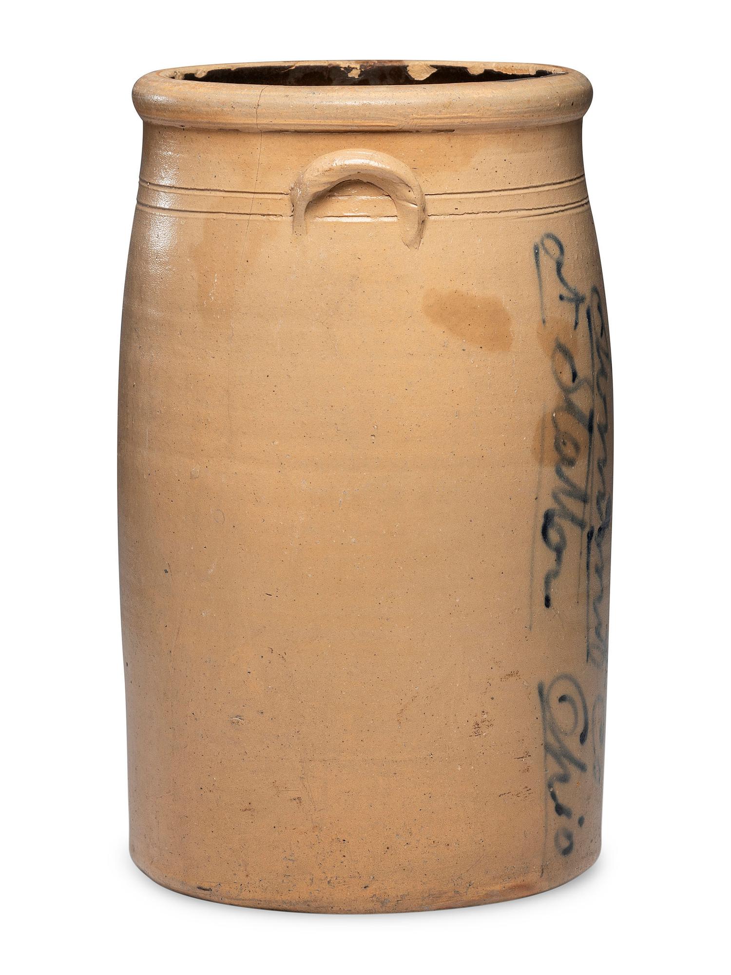 A Colvin, Hall, and Cowan Six-Gallon 'At Station' Script Decorated Stoneware Crock