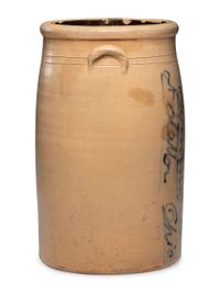A Colvin, Hall, and Cowan Six-Gallon 'At Station' Script Decorated Stoneware Crock
