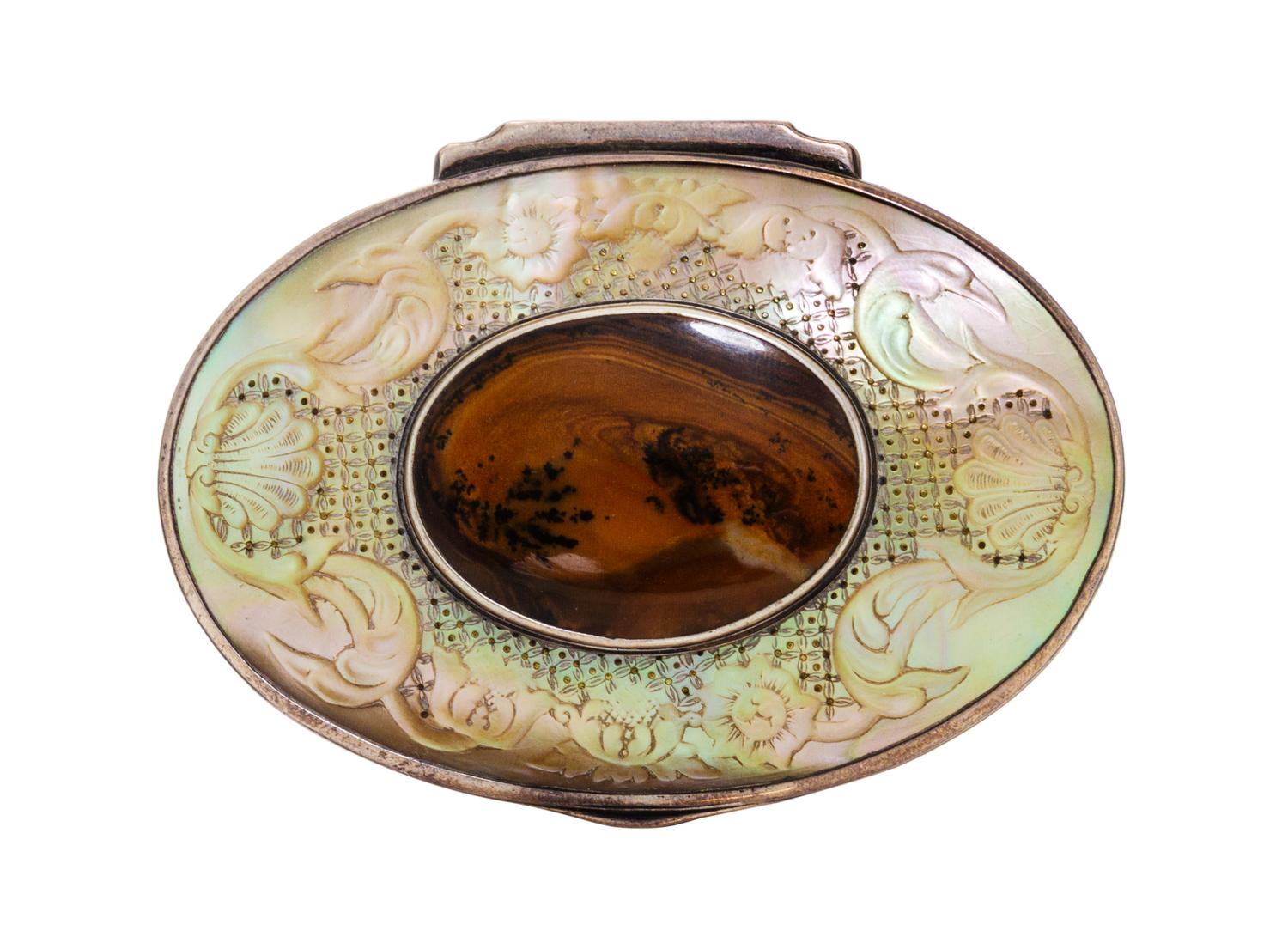A Continental Silver, Abalone and Agate Inset Snuff Box, 19th/20th Century, of oval form, the abalone lid carved with floral and shell