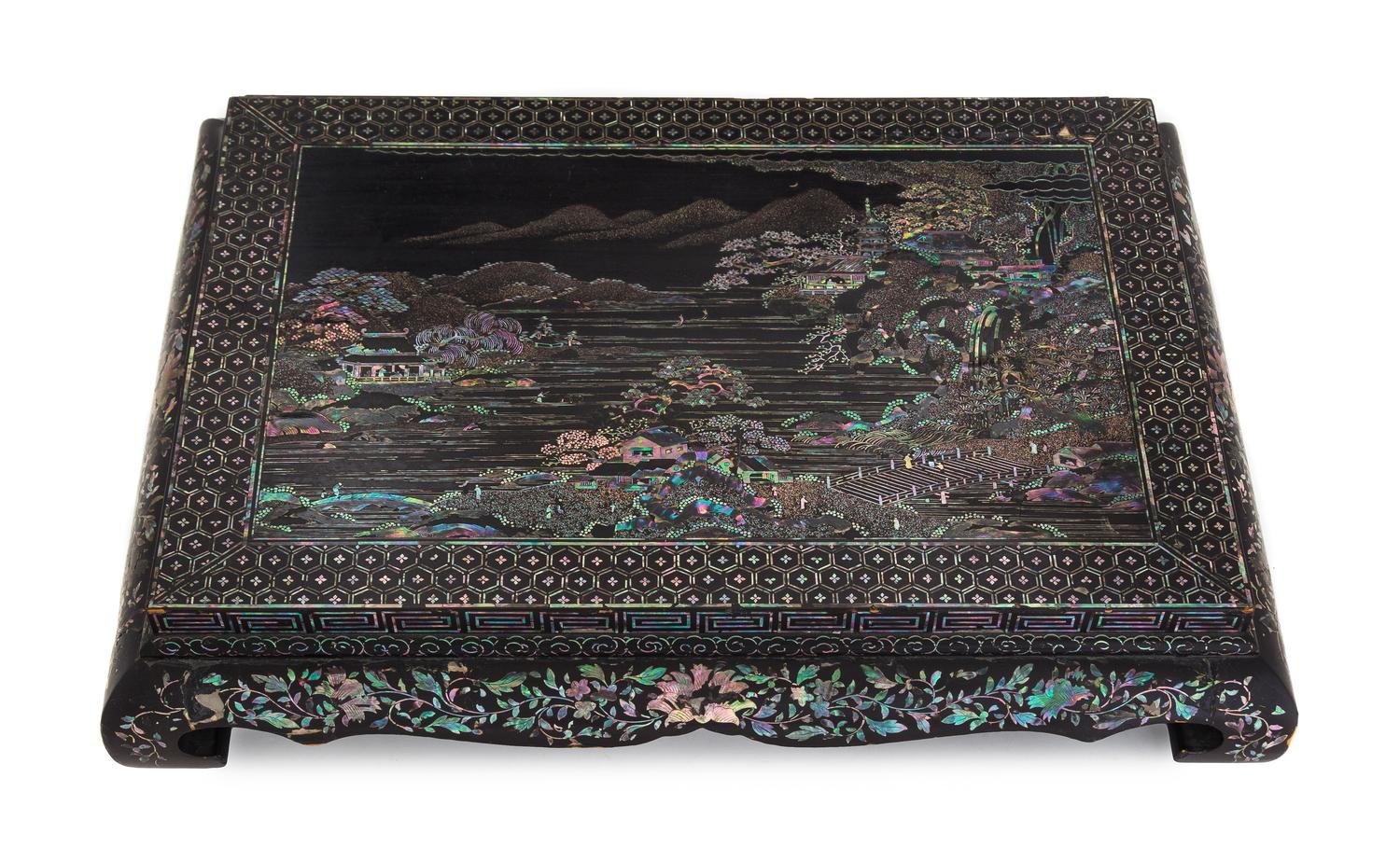 A Mother-of-Pearl Inlaid Lacquer Stand Length 18 3/4 x width 14 inches.