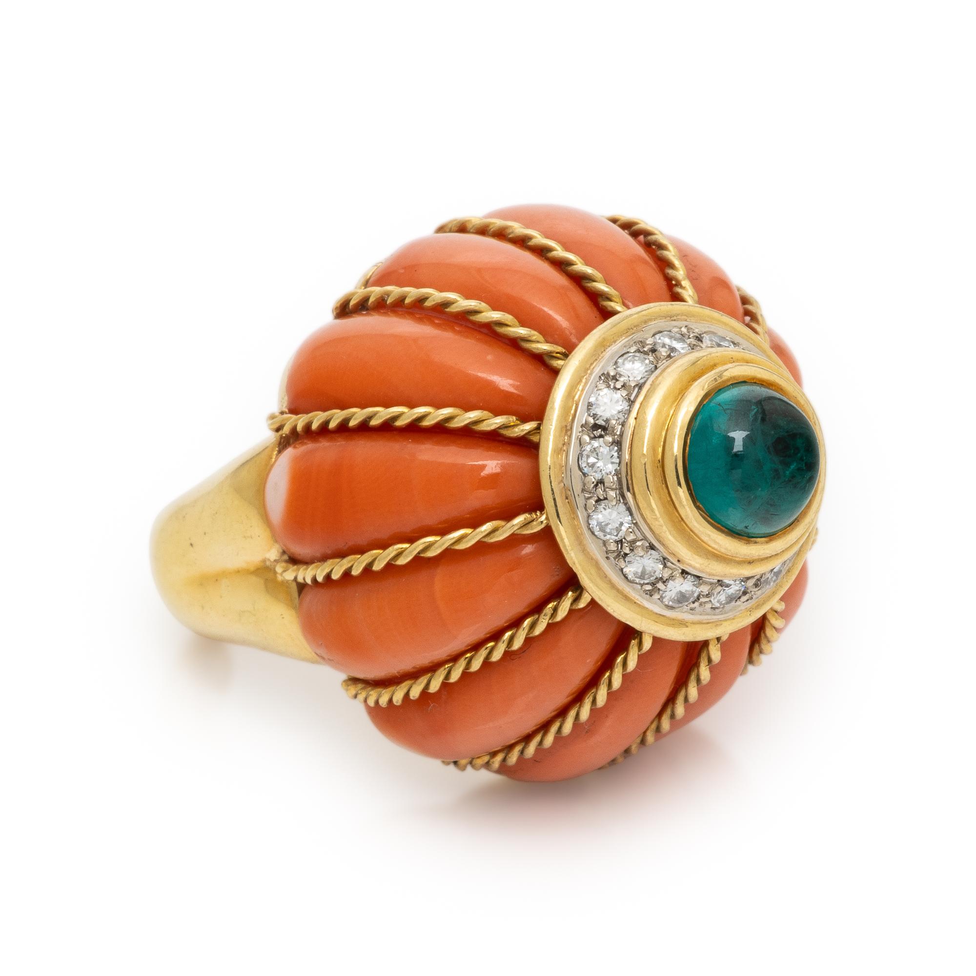Coral, Synthetic Emerald, and Diamond Ring