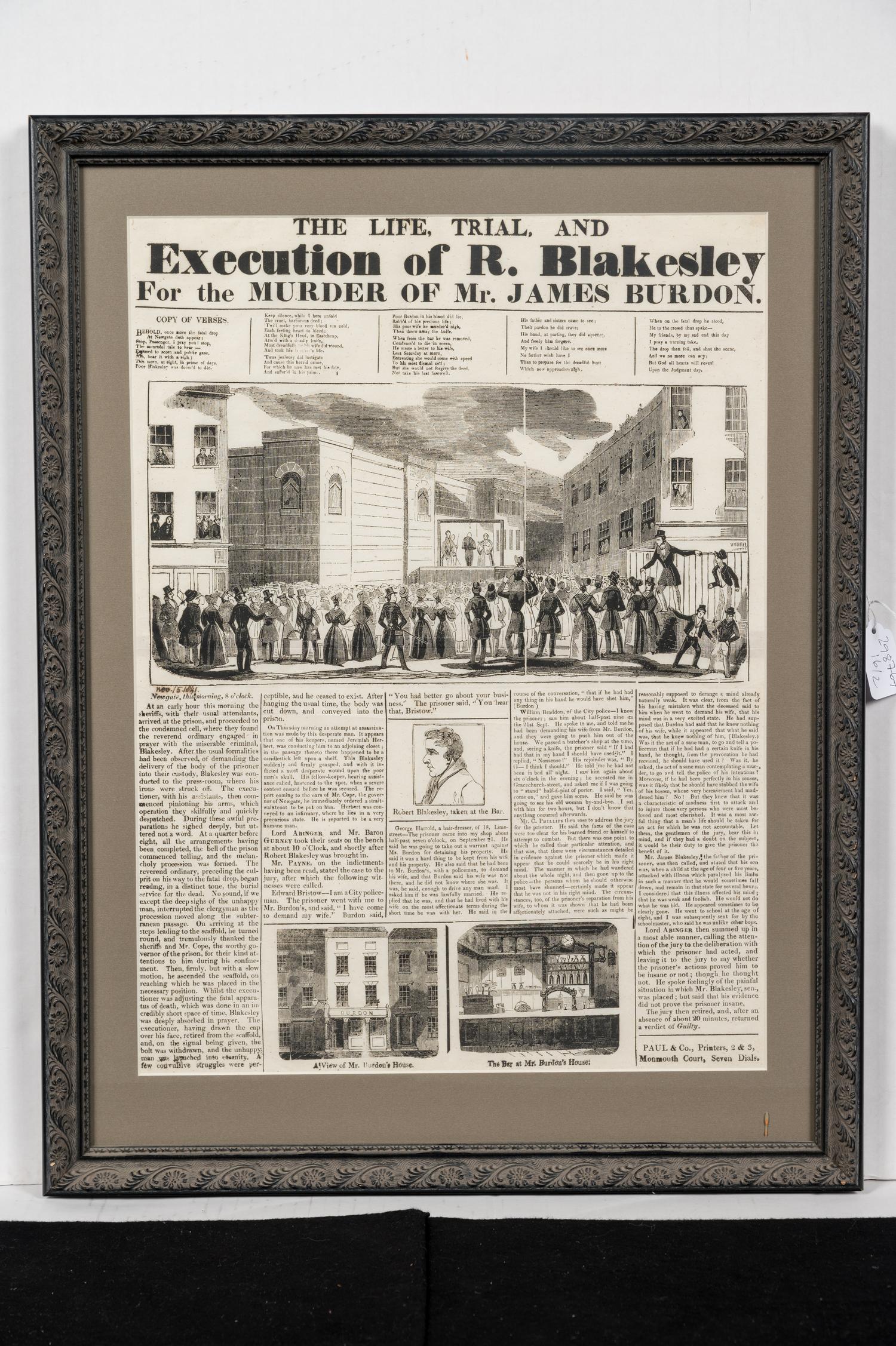 [CRIME]. The Life, Trial, and Execution of R. Blakesley For the Murder of Mr. James Burdon . Seven Dials: Paul & Co., [1841].