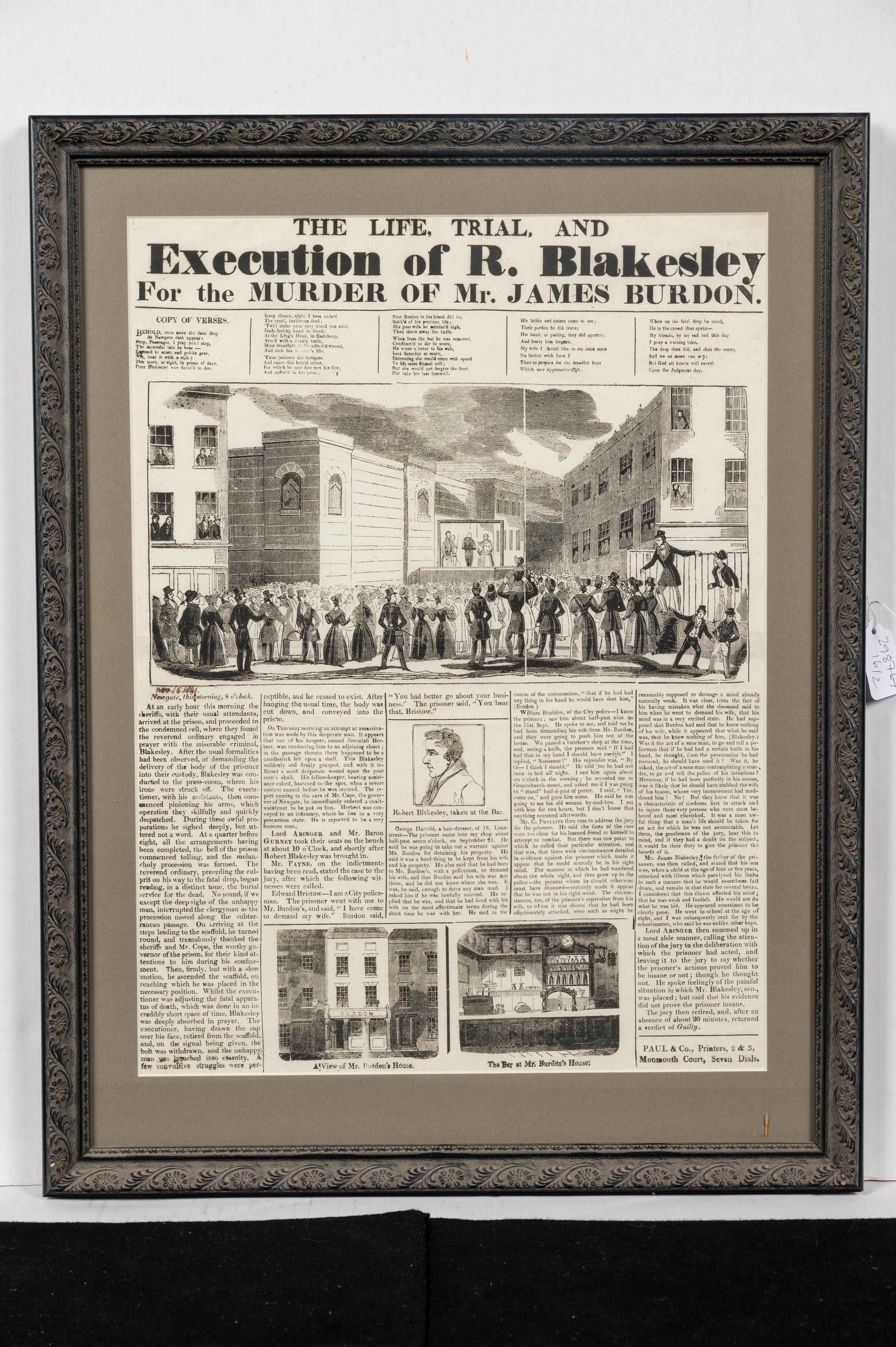 [CRIME]. The Life, Trial, and Execution of R. Blakesley For the Murder of Mr. James Burdon . Seven Dials: Paul & Co., [1841].