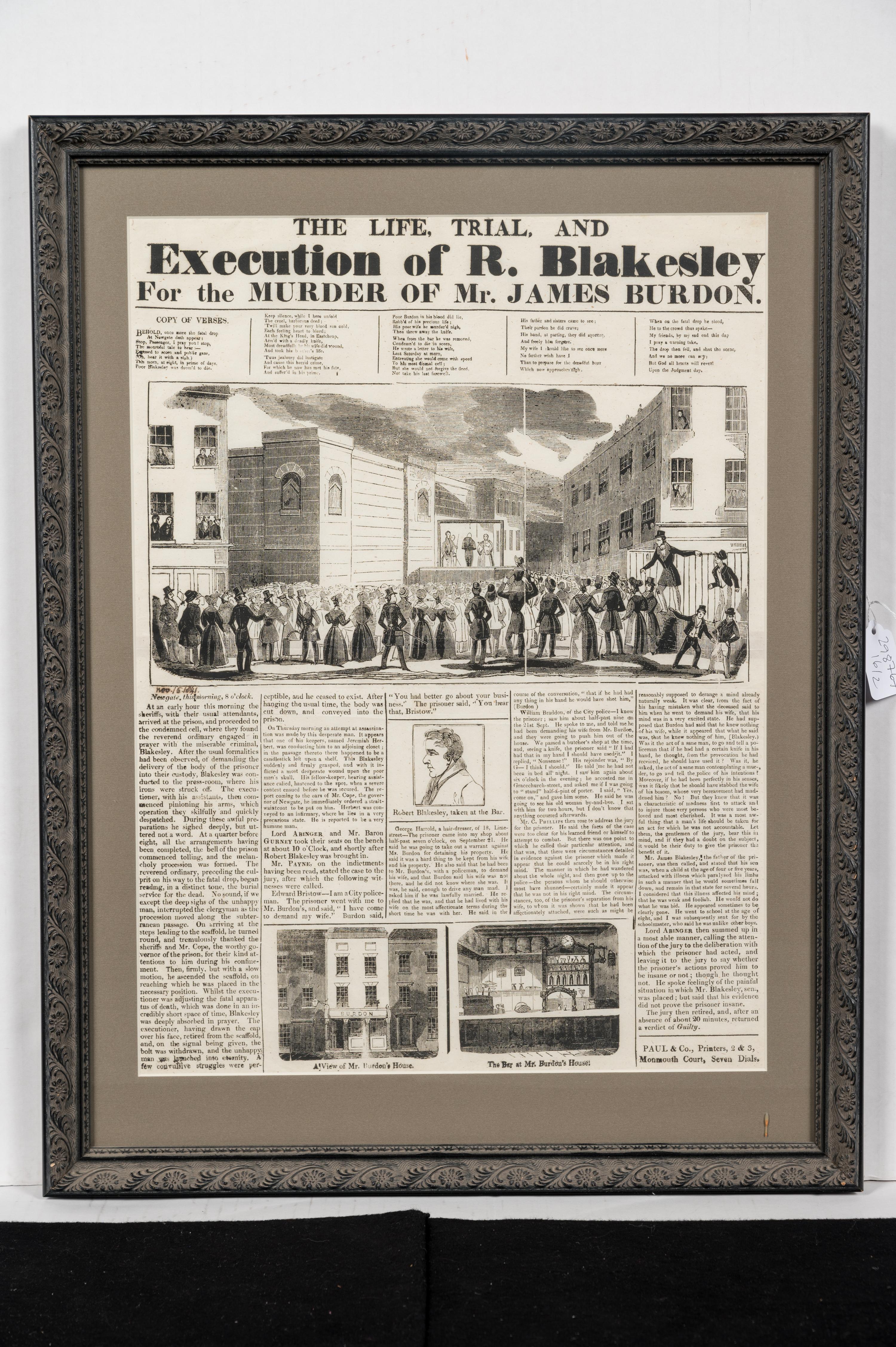 [CRIME]. The Life, Trial, and Execution of R. Blakesley For the Murder of Mr. James Burdon . Seven Dials: Paul & Co., [1841].