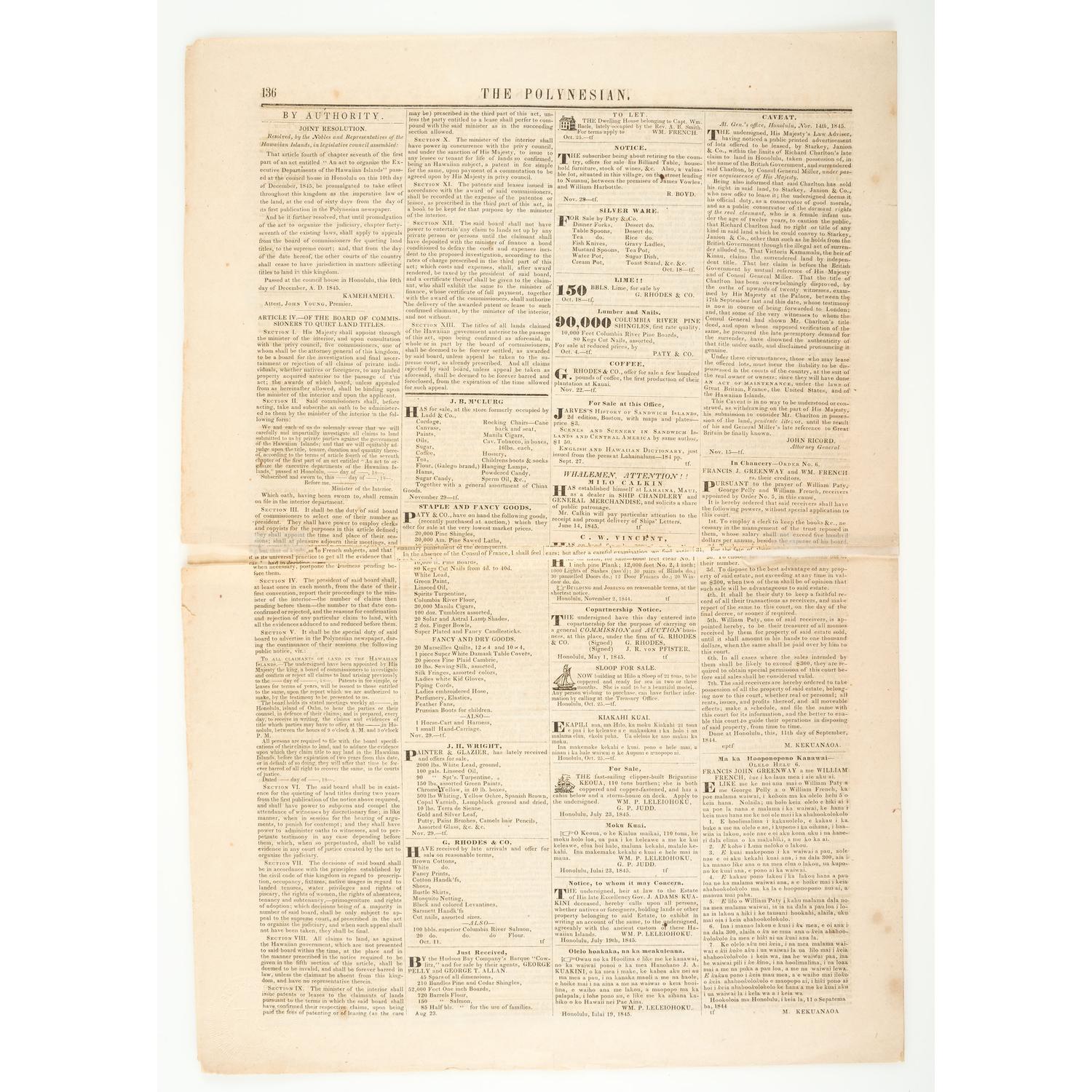 [HAWAII - MISSIONARIES] -- [WHITNEY, Samuel (1793-1845)]. The Polynesian . Vol. II, No. XXXII. Honolulu: Hawaiian Government, 27 December 1845.