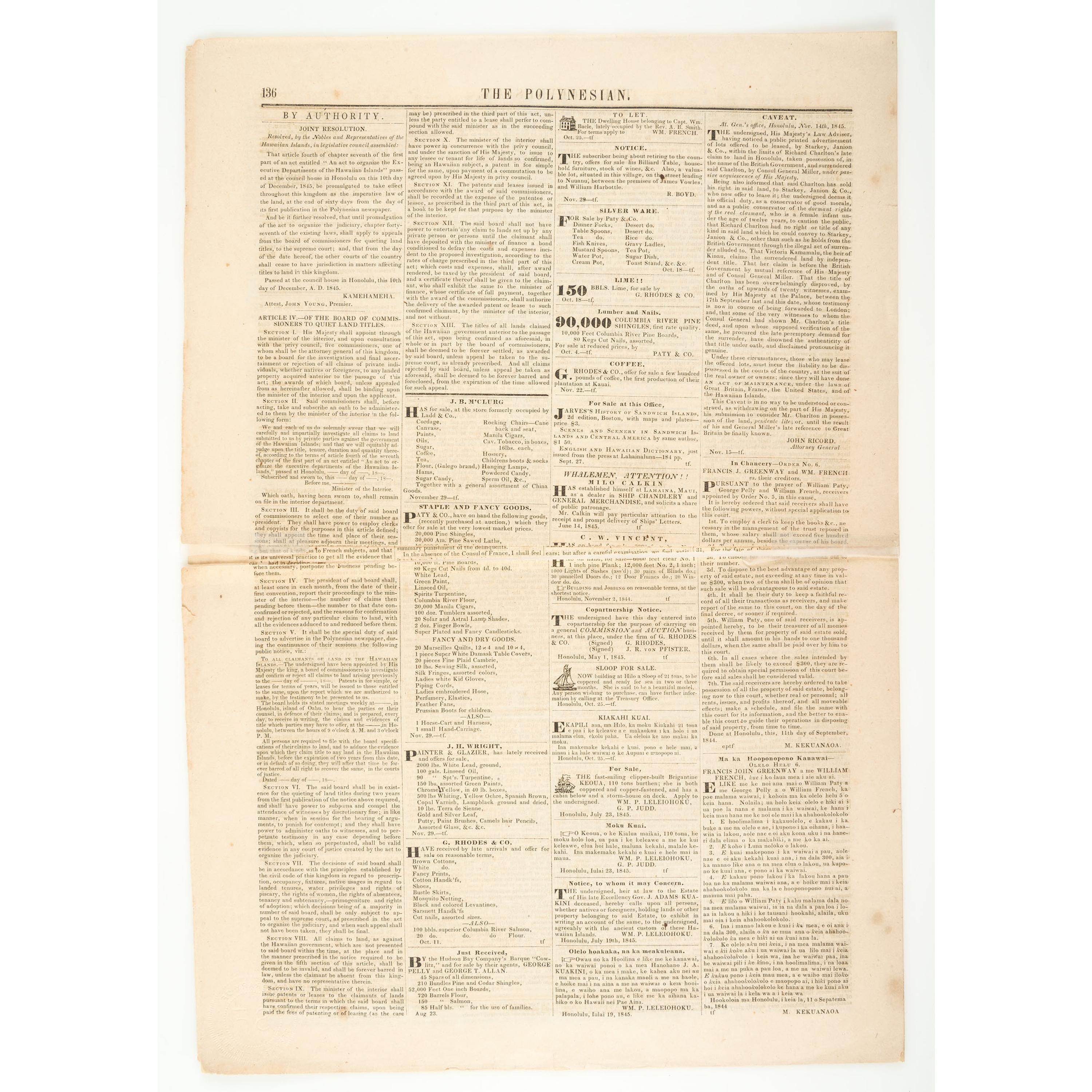 [HAWAII - MISSIONARIES] -- [WHITNEY, Samuel (1793-1845)]. The Polynesian . Vol. II, No. XXXII. Honolulu: Hawaiian Government, 27 December 1845.