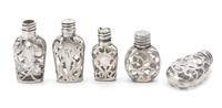 A Group of Five Silver Overlay Glass Scent Flasks Height of tallest 2 3/4 inches.