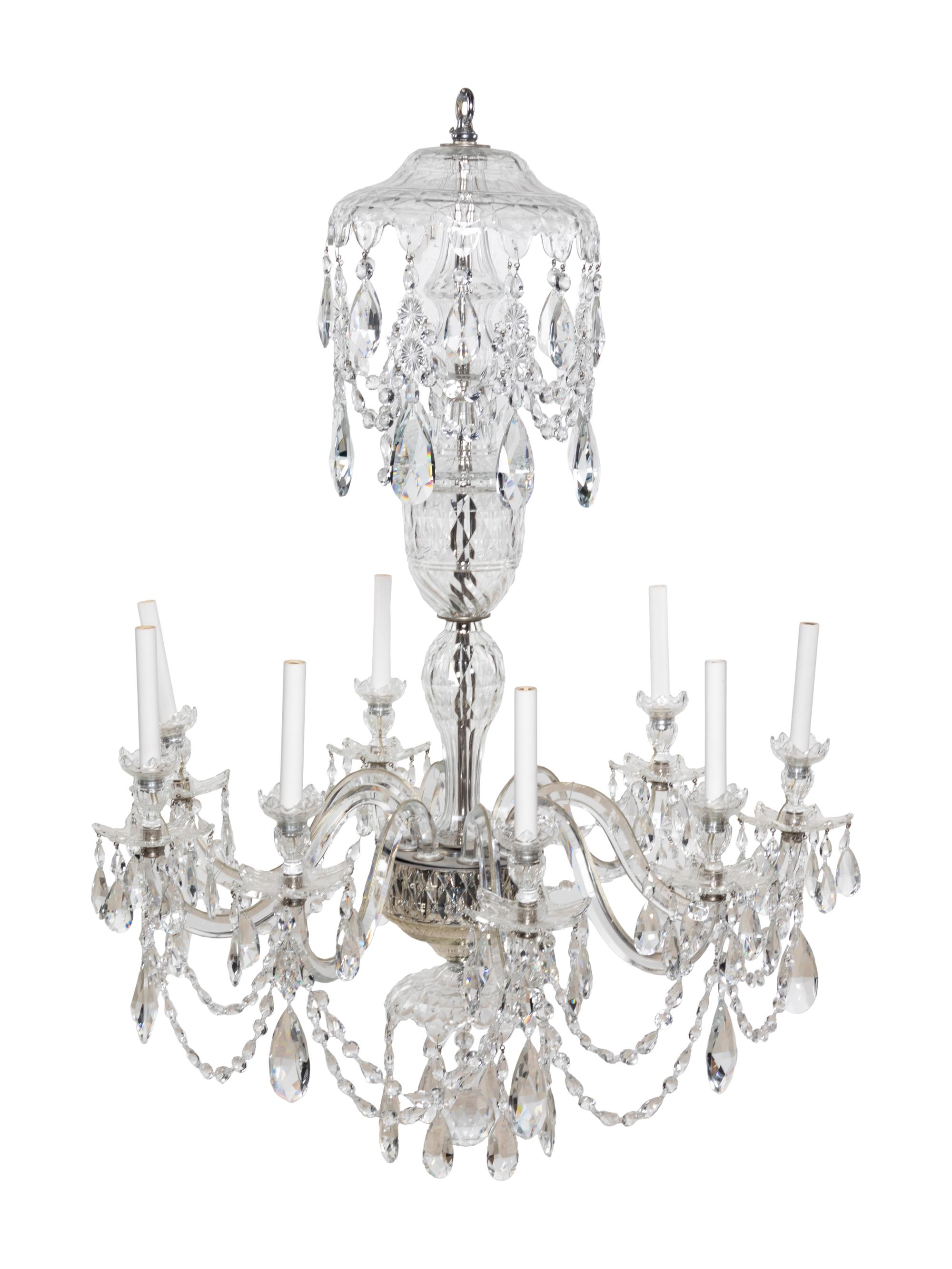A Pair of George III Style Cut Glass Eight-Light Chandeliers