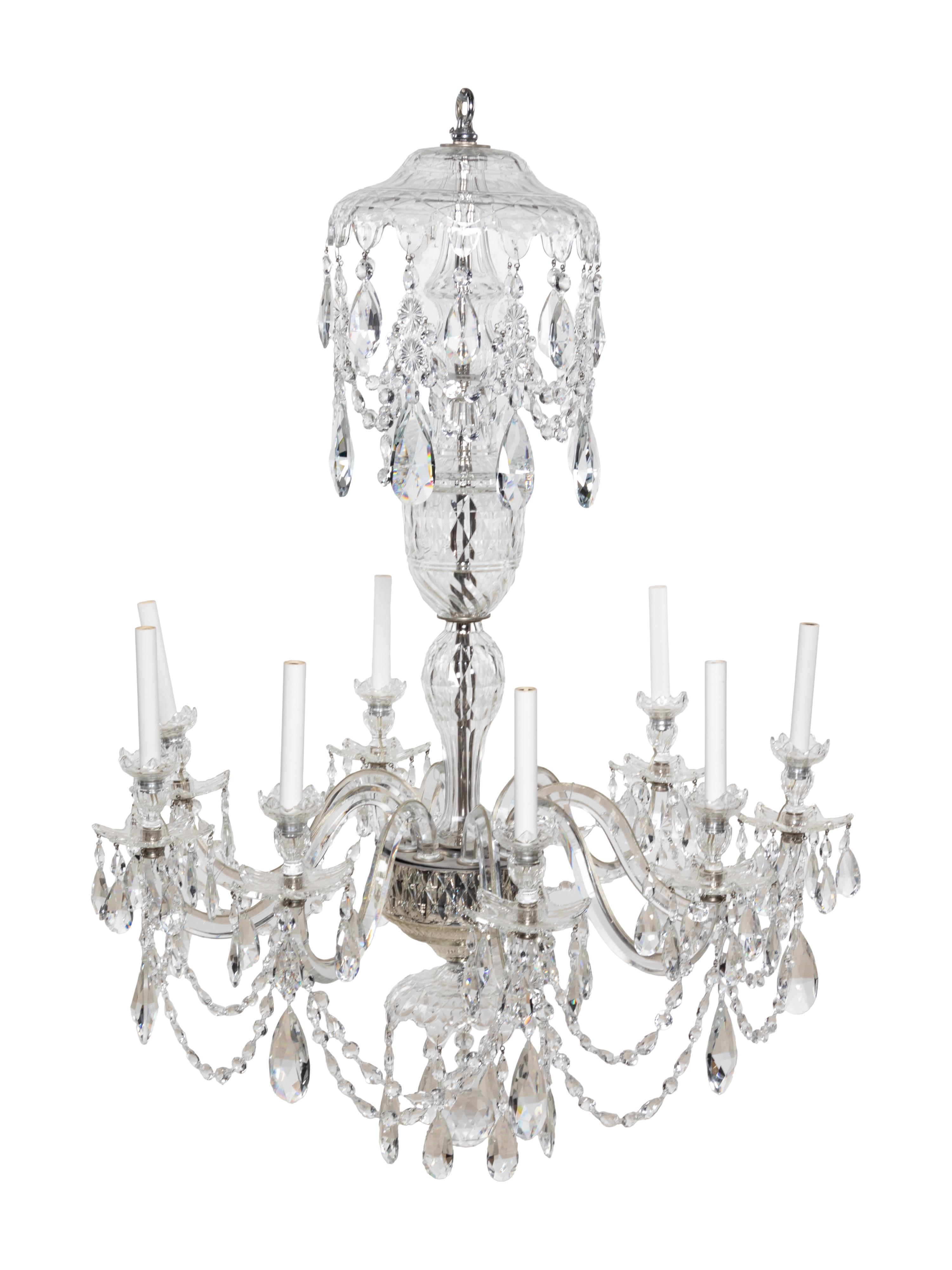 A Pair of George III Style Cut Glass Eight-Light Chandeliers