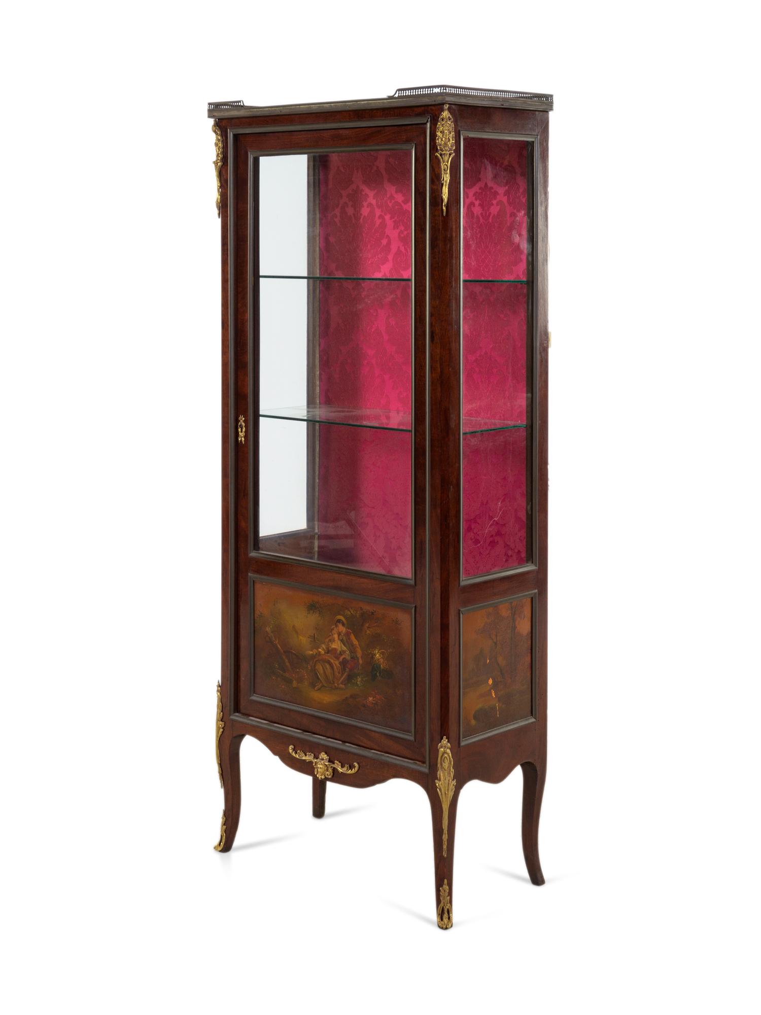 A Louis XV Style Gilt Bronze Mounted Vernis Martin-Decorated Mahogany Marble-Top Vitrine Cabinet
