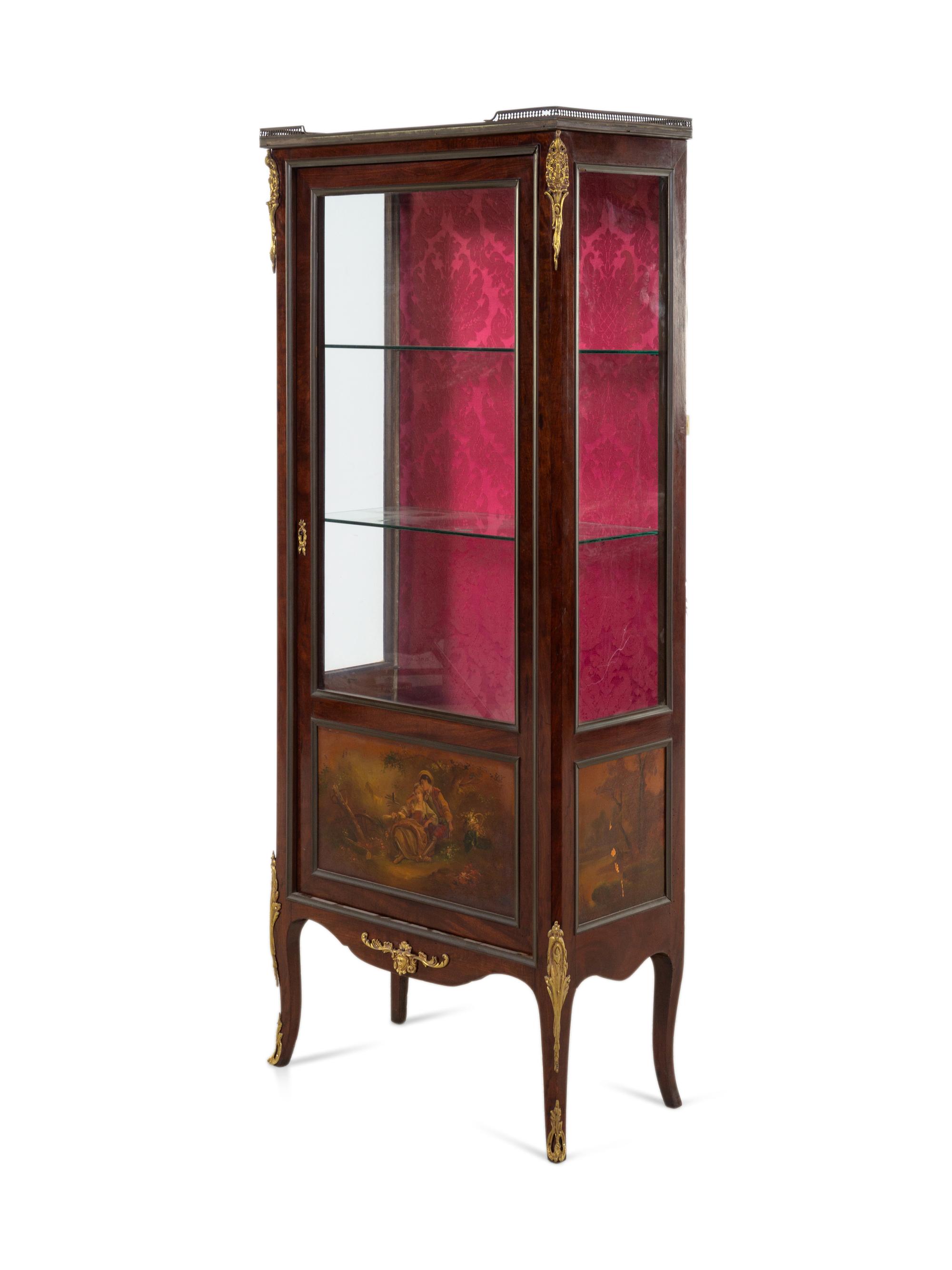 A Louis XV Style Gilt Bronze Mounted Vernis Martin-Decorated Mahogany Marble-Top Vitrine Cabinet