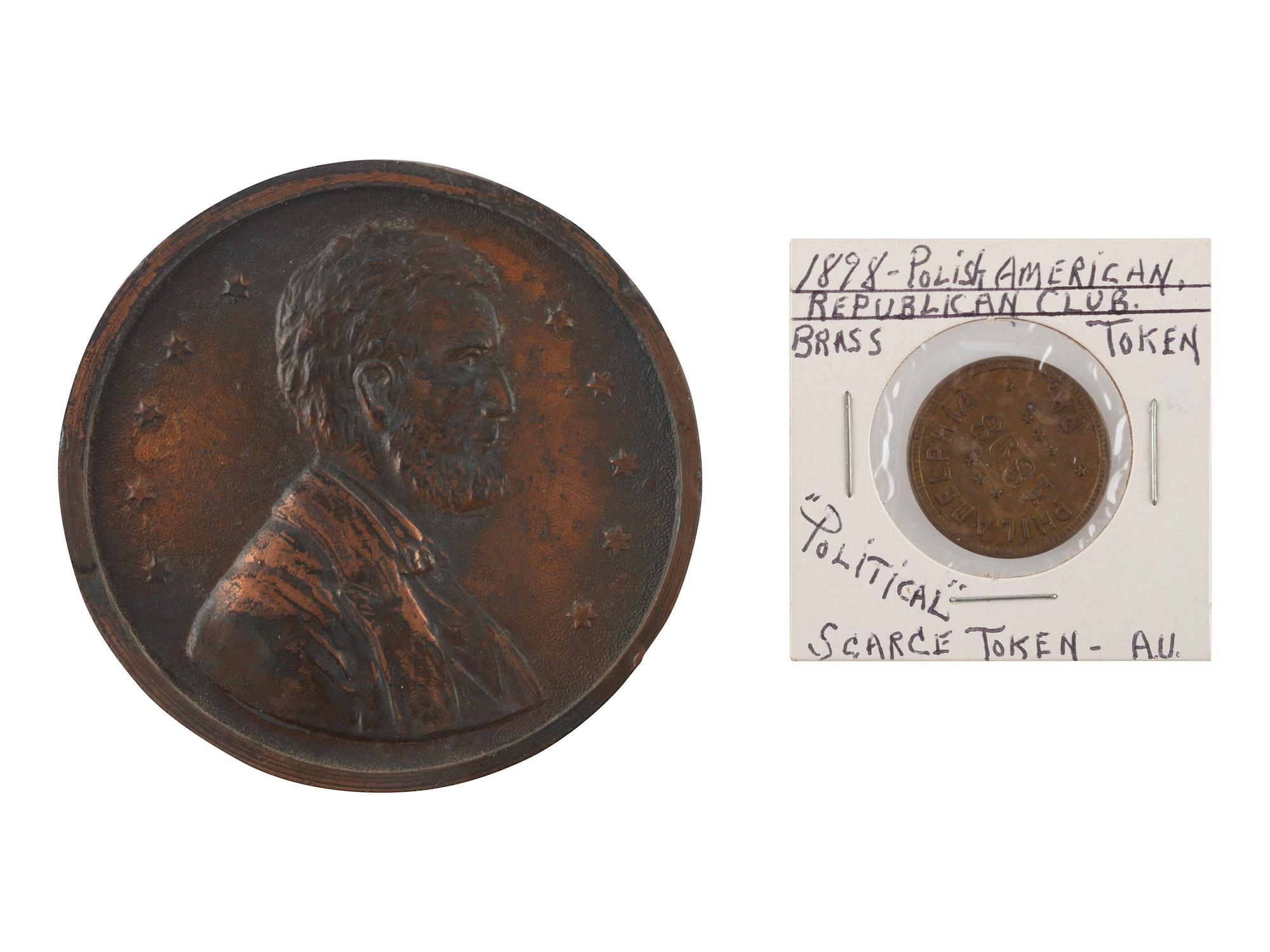 [EXONUMIA]. A group of Lincoln, John C. Frémont, Andrew Jackson, Ulysses Grant, and Civil War-related tokens and medals, comprising: