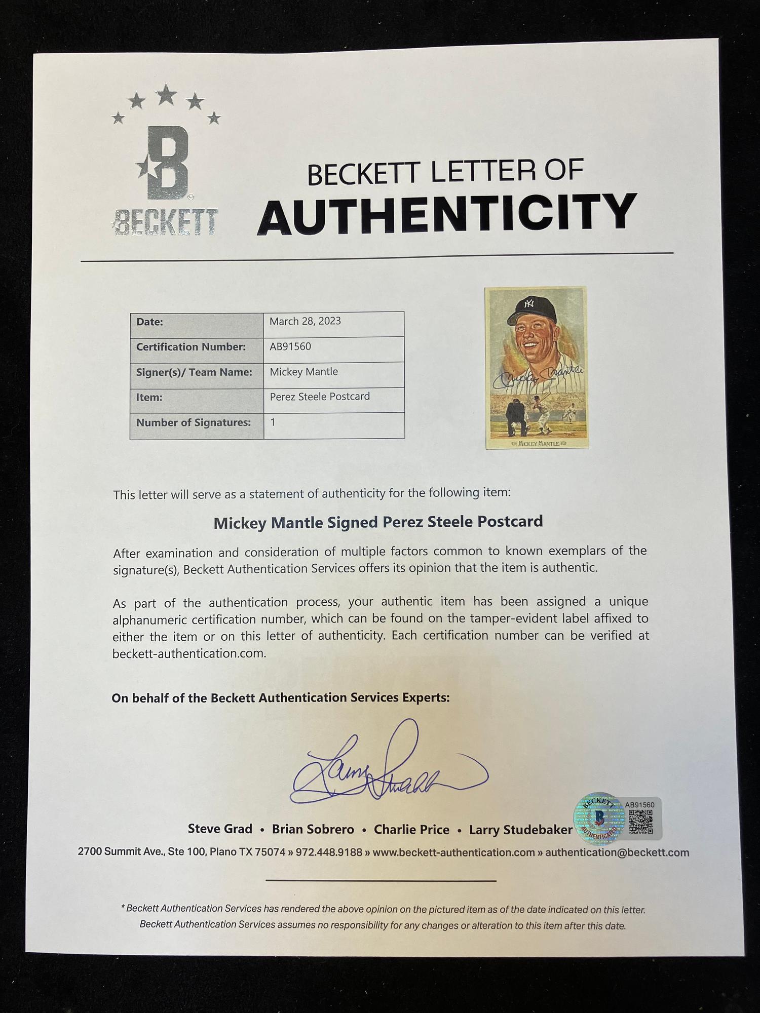 A Mickey Mantle Signed Autograph Perez Steele Hall of Fame Baseball Postcard Plaque (Beckett Authentication Services Letter),
