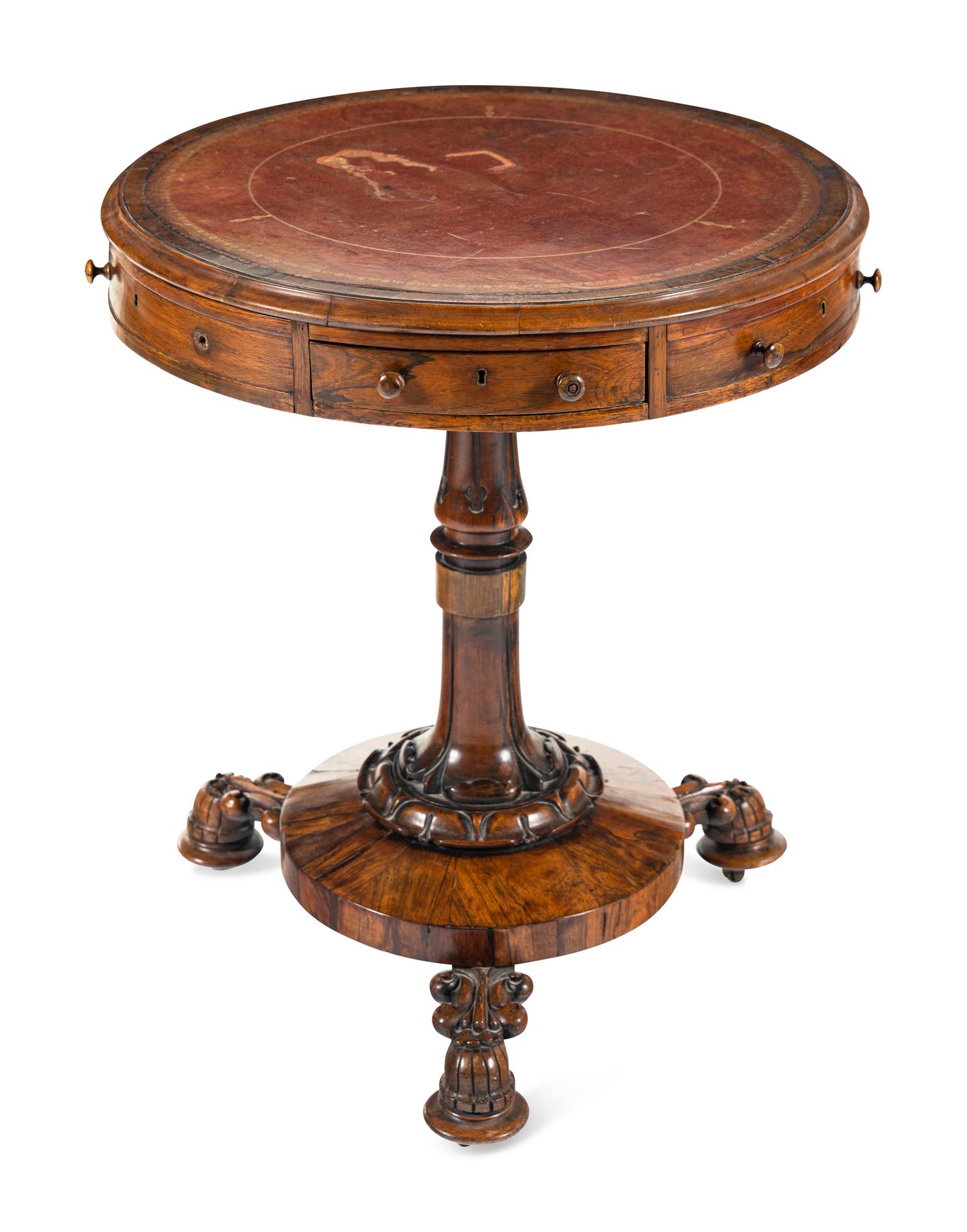 A Regency Rosewood Leather-Top Drum Table