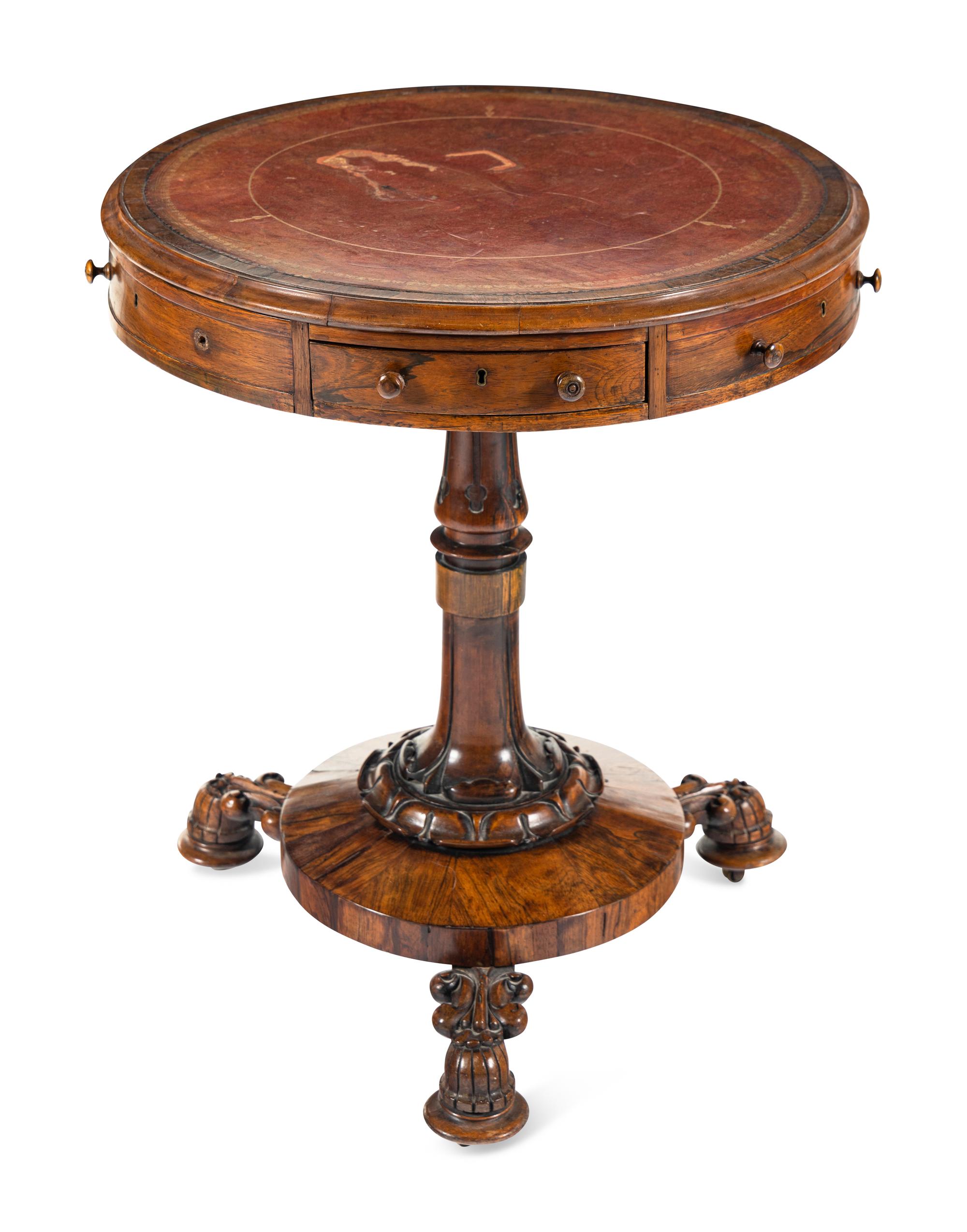 A Regency Rosewood Leather-Top Drum Table
