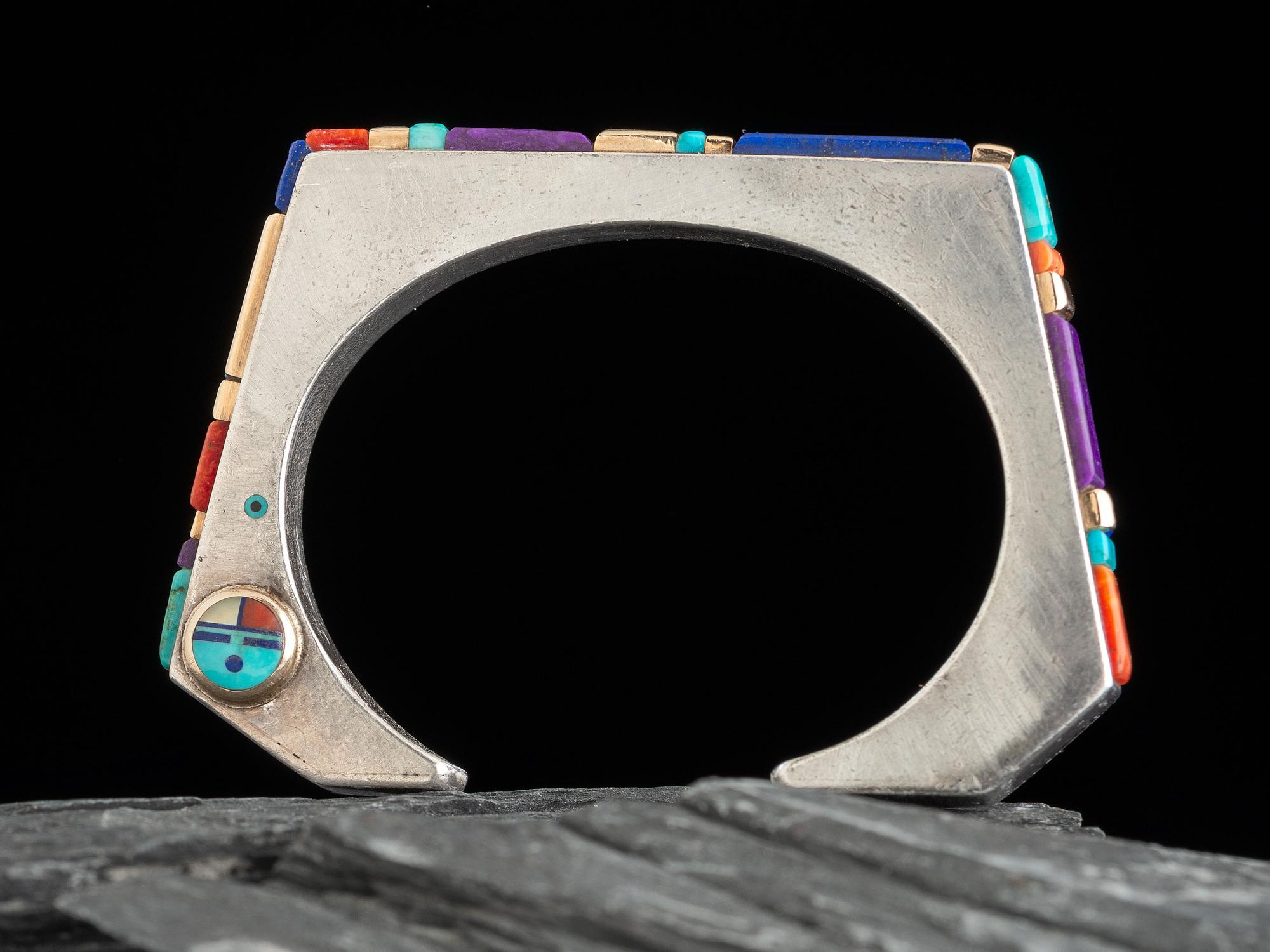 Inlaid Sterling Silver Angular Cuff Bracelet, with 14K Gold Accents