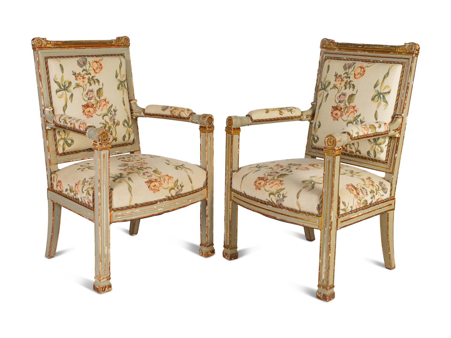 A Pair of Directoire Painted and Parcel Gilt Fauteuils