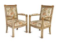 A Pair of Directoire Painted and Parcel Gilt Fauteuils