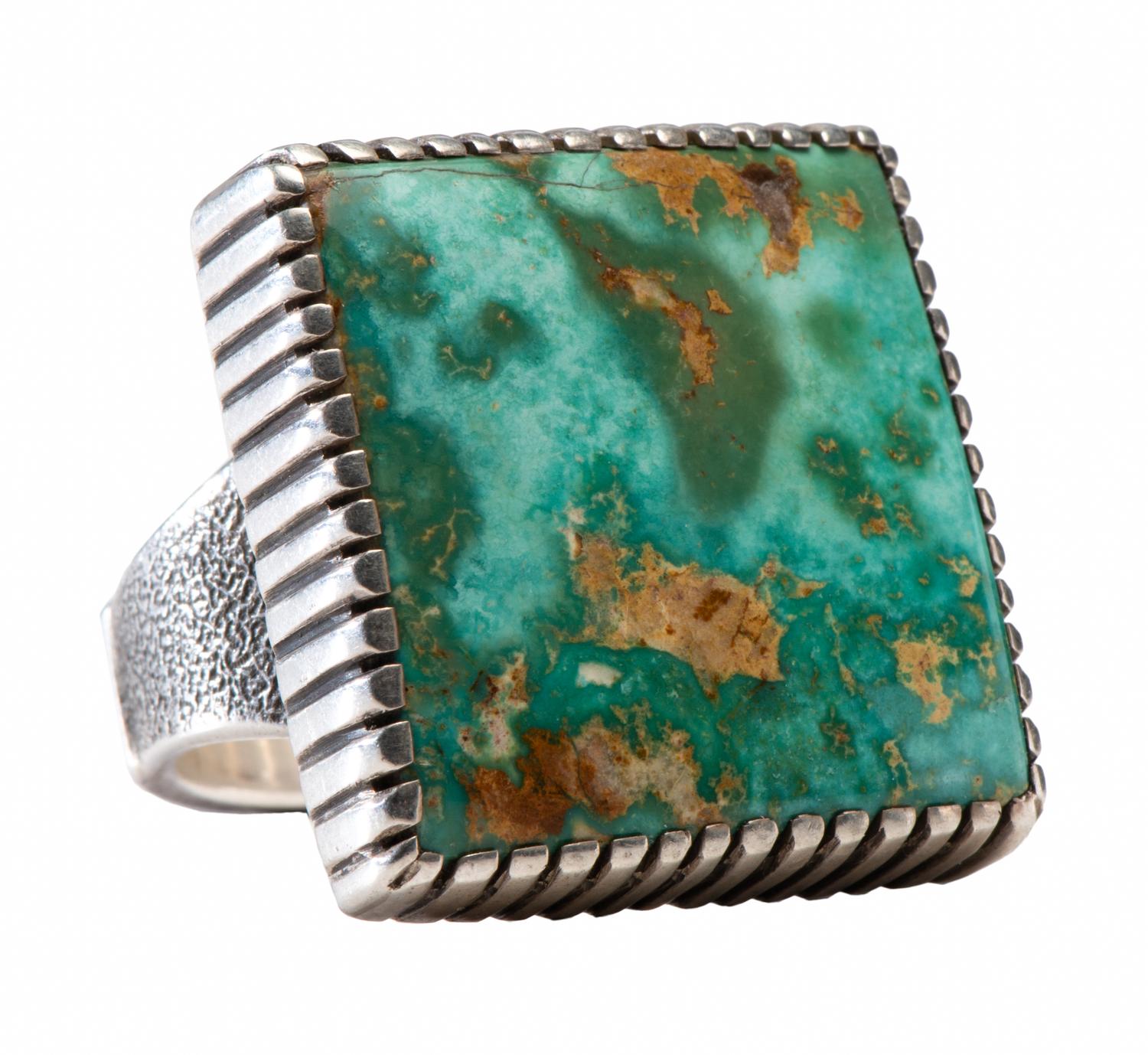 Sterling Silver Ring, with Blue Gem Turquoise Cabochon on the Front and Coral Bead on Reverse Lot is located and will ship from Denver, Colorado.