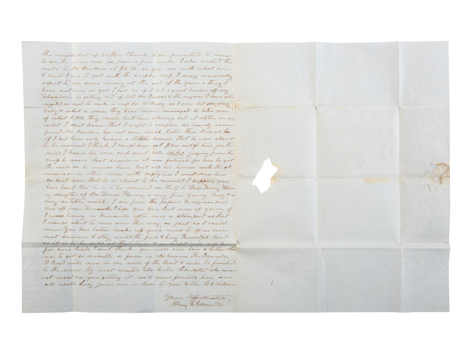 [ENSLAVEMENT & ABOLITION]. Letter from a Virginia enslaver describing the management of a plantation and its enslaved labor. N.p. [Virginia], 15 February 1852.