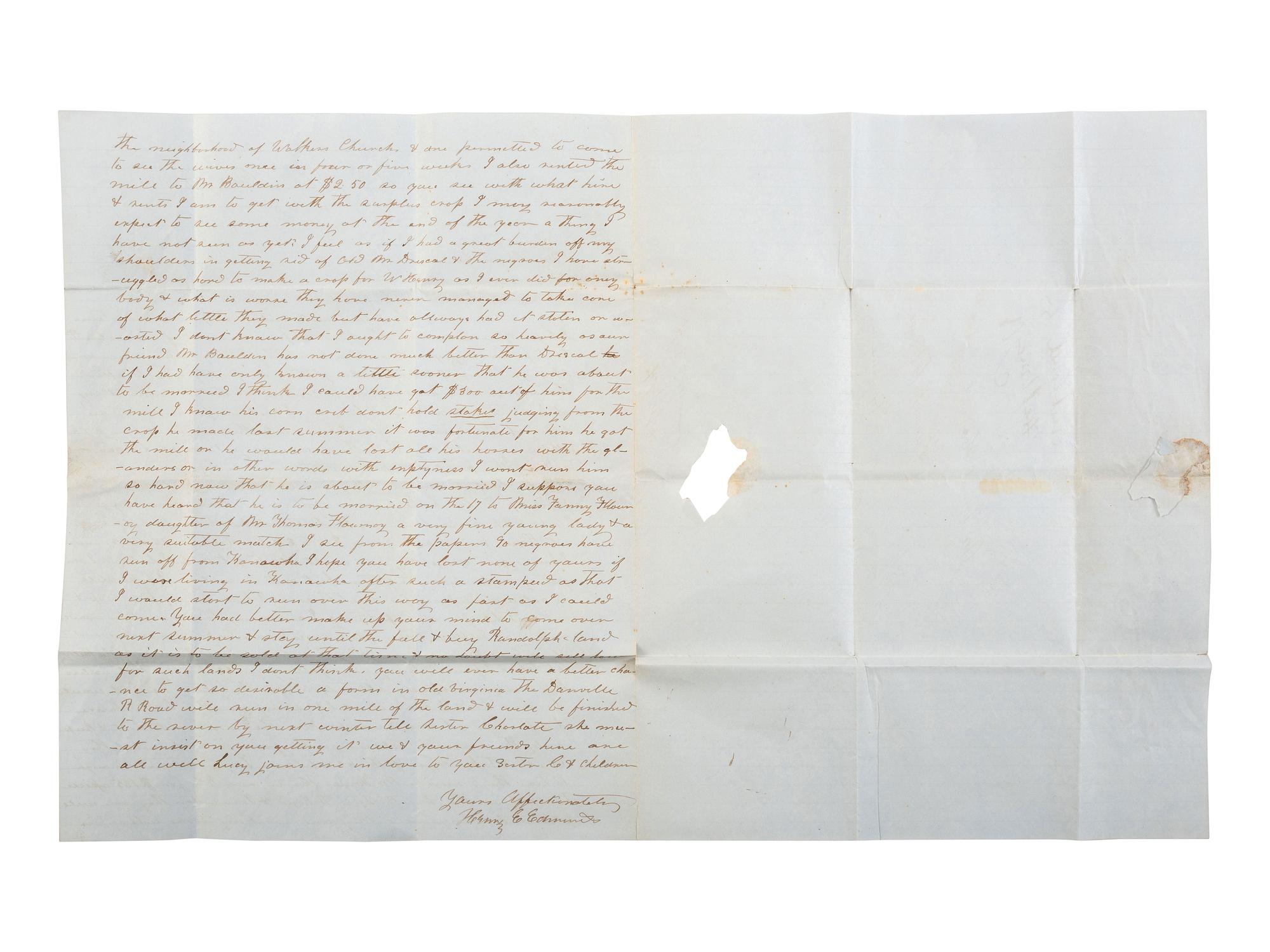 [ENSLAVEMENT & ABOLITION]. Letter from a Virginia enslaver describing the management of a plantation and its enslaved labor. N.p. [Virginia], 15 February 1852.