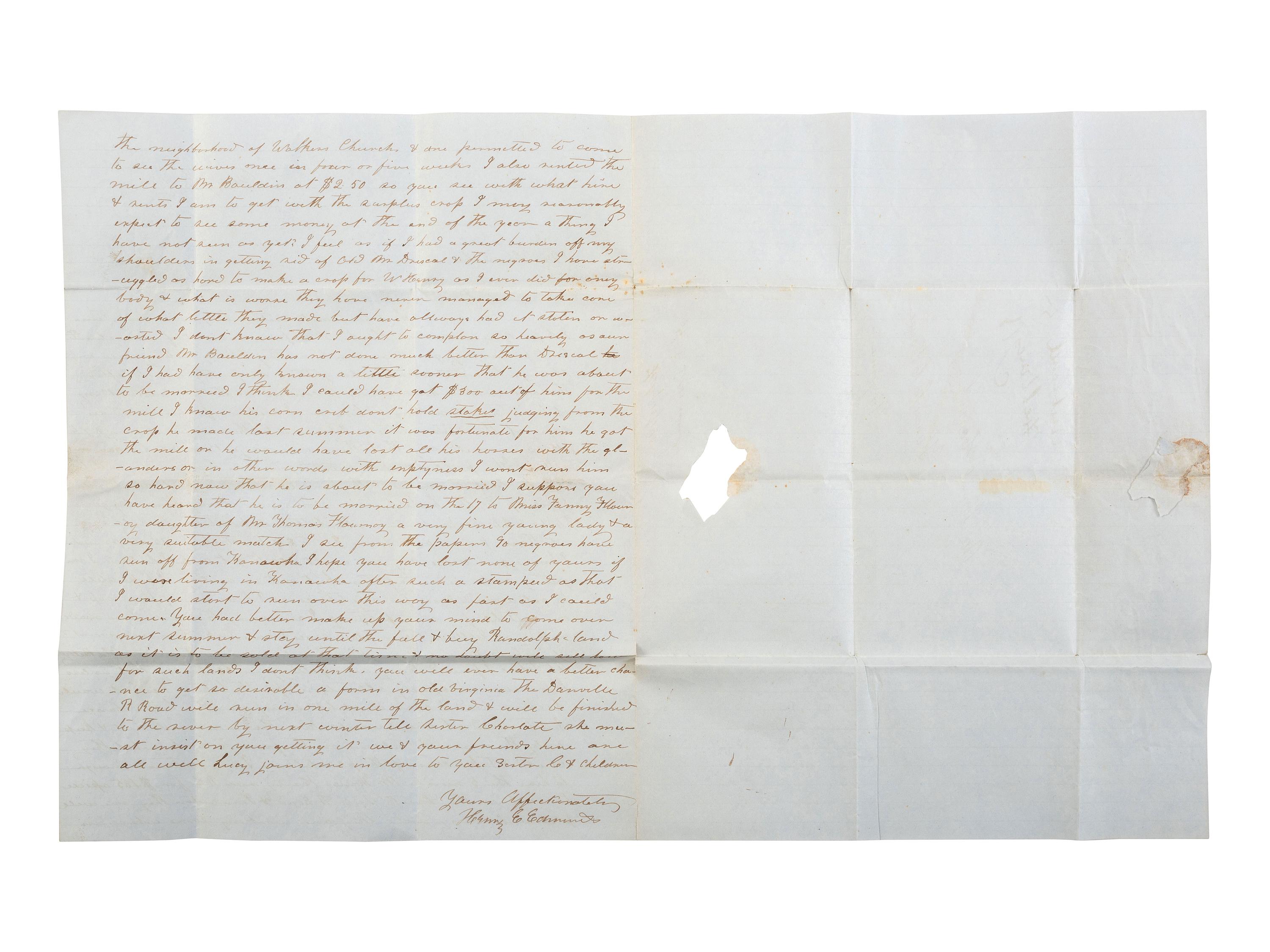 [ENSLAVEMENT & ABOLITION]. Letter from a Virginia enslaver describing the management of a plantation and its enslaved labor. N.p. [Virginia], 15 February 1852.