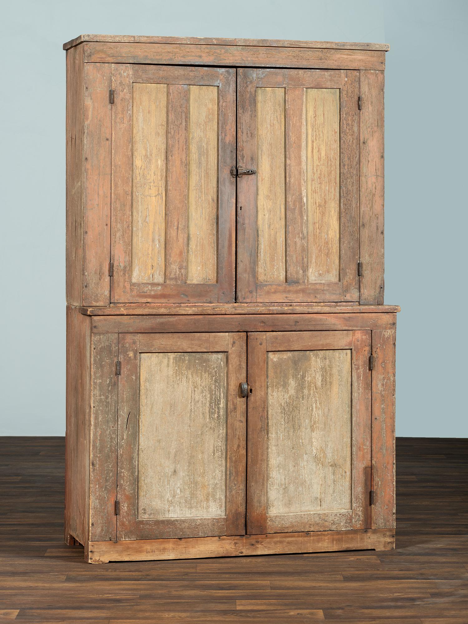 A Country Red and Yellow Painted Poplar and Cherrywood Step-Back Cupboard