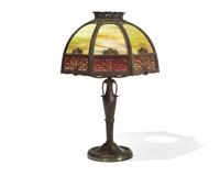 An American Arts & Crafts brass and slag glass table lamp, circa 1920
