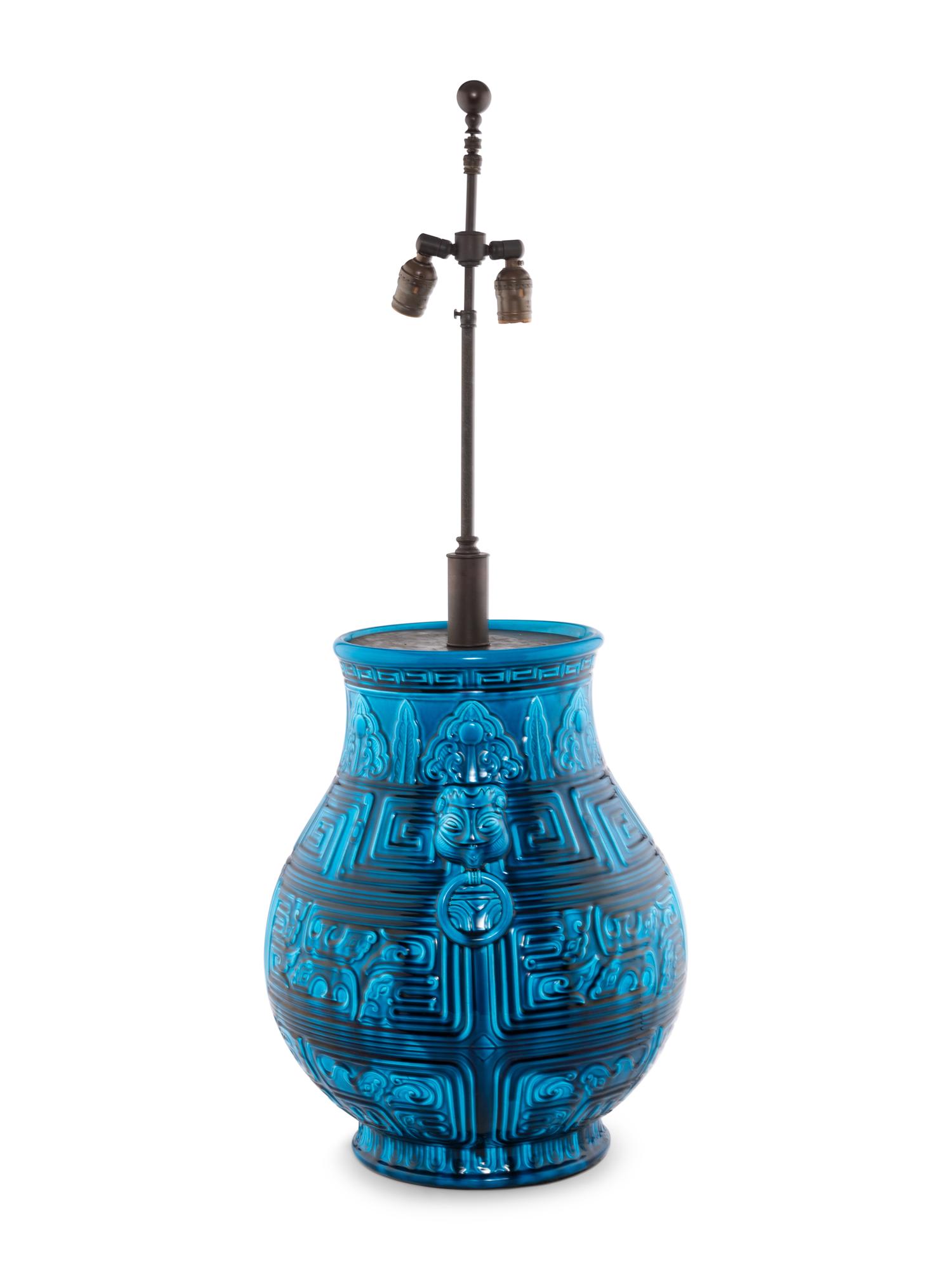 An Archaic Style Turquoise-Glazed Pottery Vase Mounted as a Lamp
