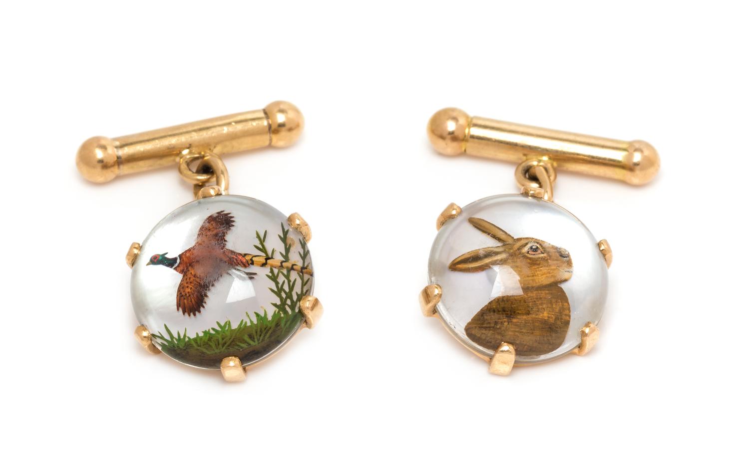 A Pair of 18 Karat Yellow Gold, Mother-of-Pearl and Essex Crystal Hunting Motif Cufflinks, French, 6.50 dwts.