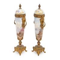 A Pair of Sèvres Style Porcelain and Gilt Bronze Mounted Potpourri Urns